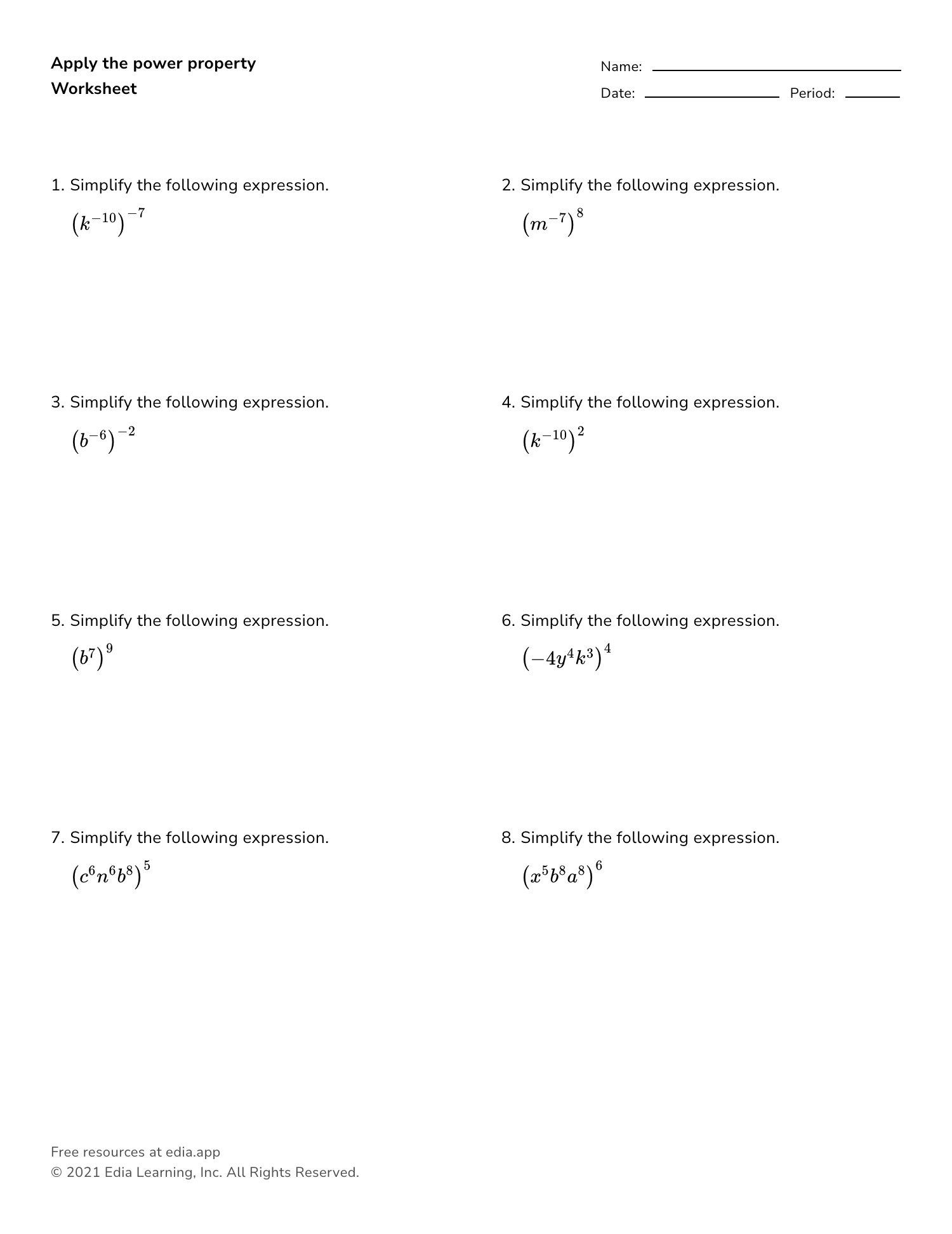 Printable Exponent Rules Review Worksheets