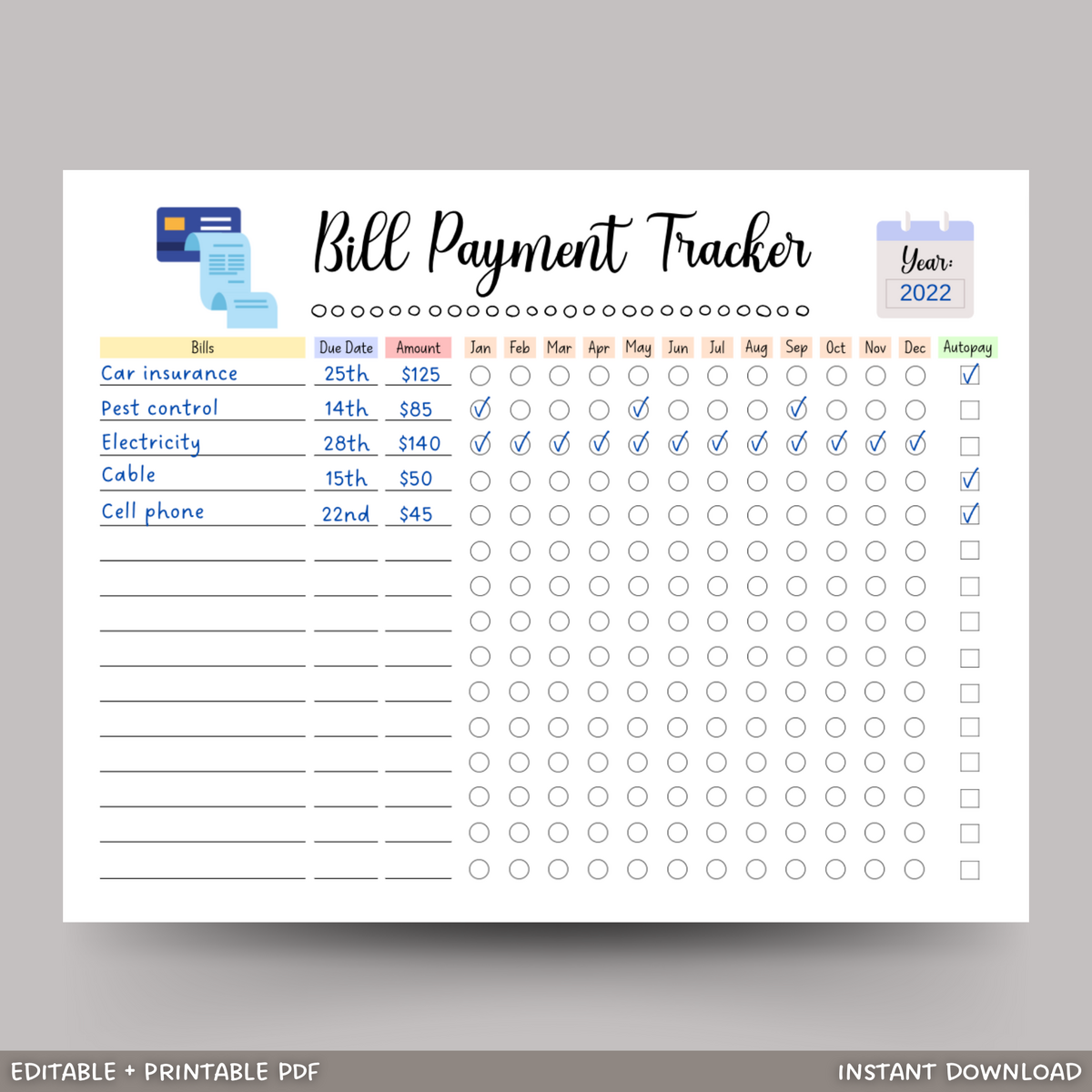 Editable Yearly Bill Tracker Printable Monthly Bill Planner Worksheets Library