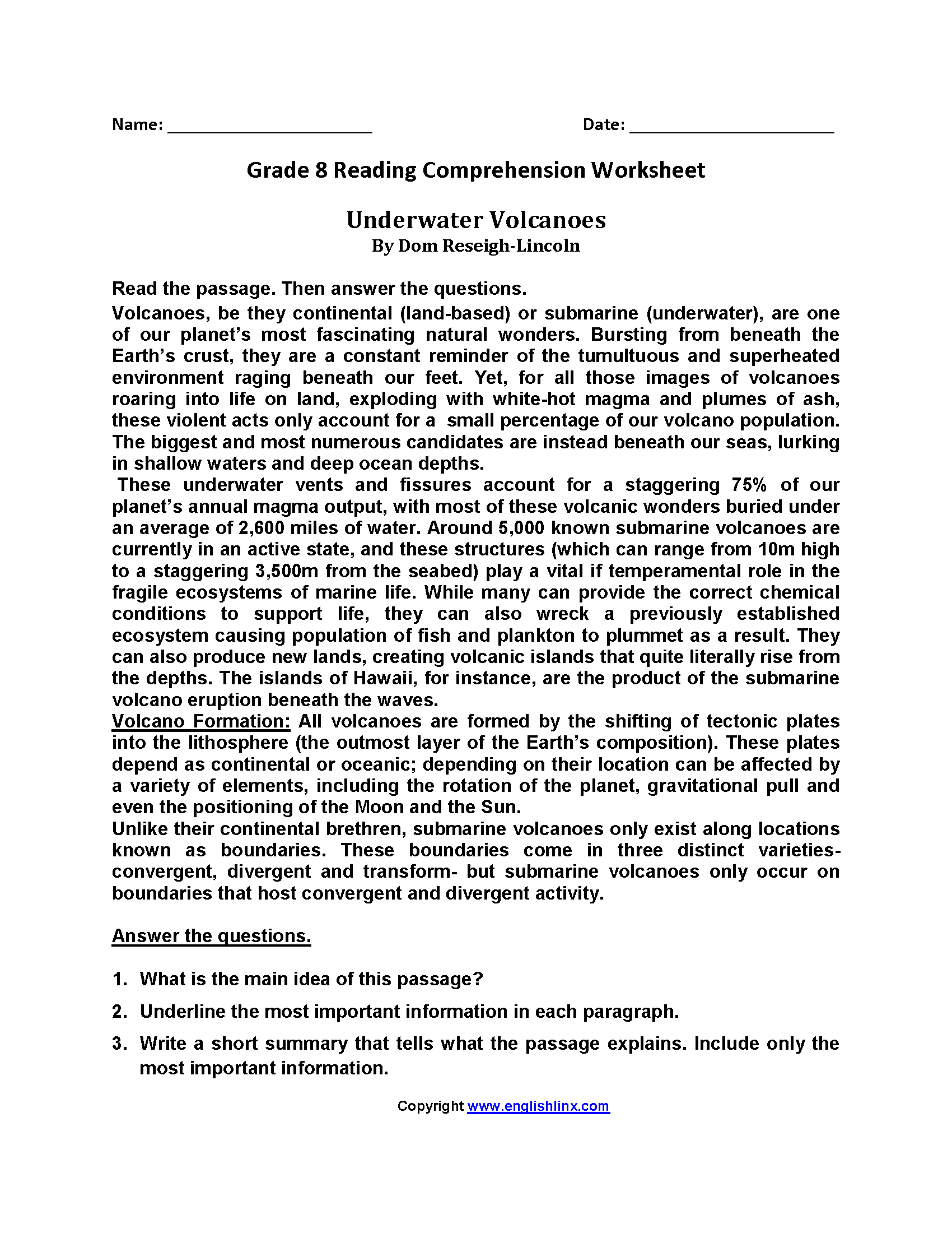Eighth Grade Reading Worksheets Vocabulary Fluency Practice
