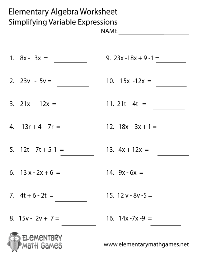 Elementary Algebra Variable Expressions Worksheet Elementary Algebra Variable Expressions Worksheet