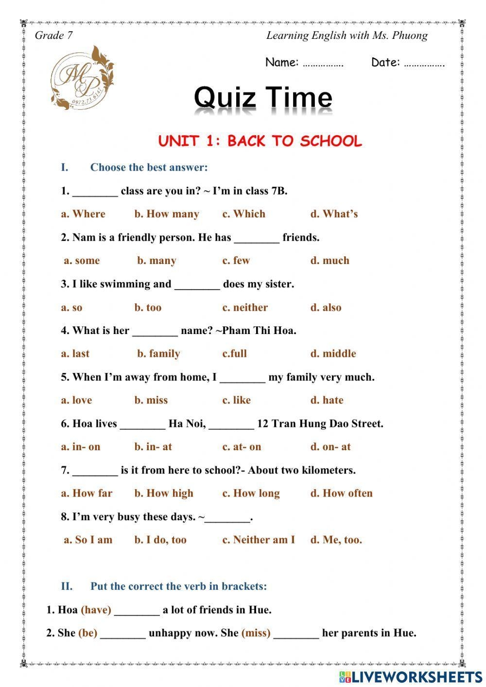 English 7 Unit 1 Back To School Worksheet Worksheets Library