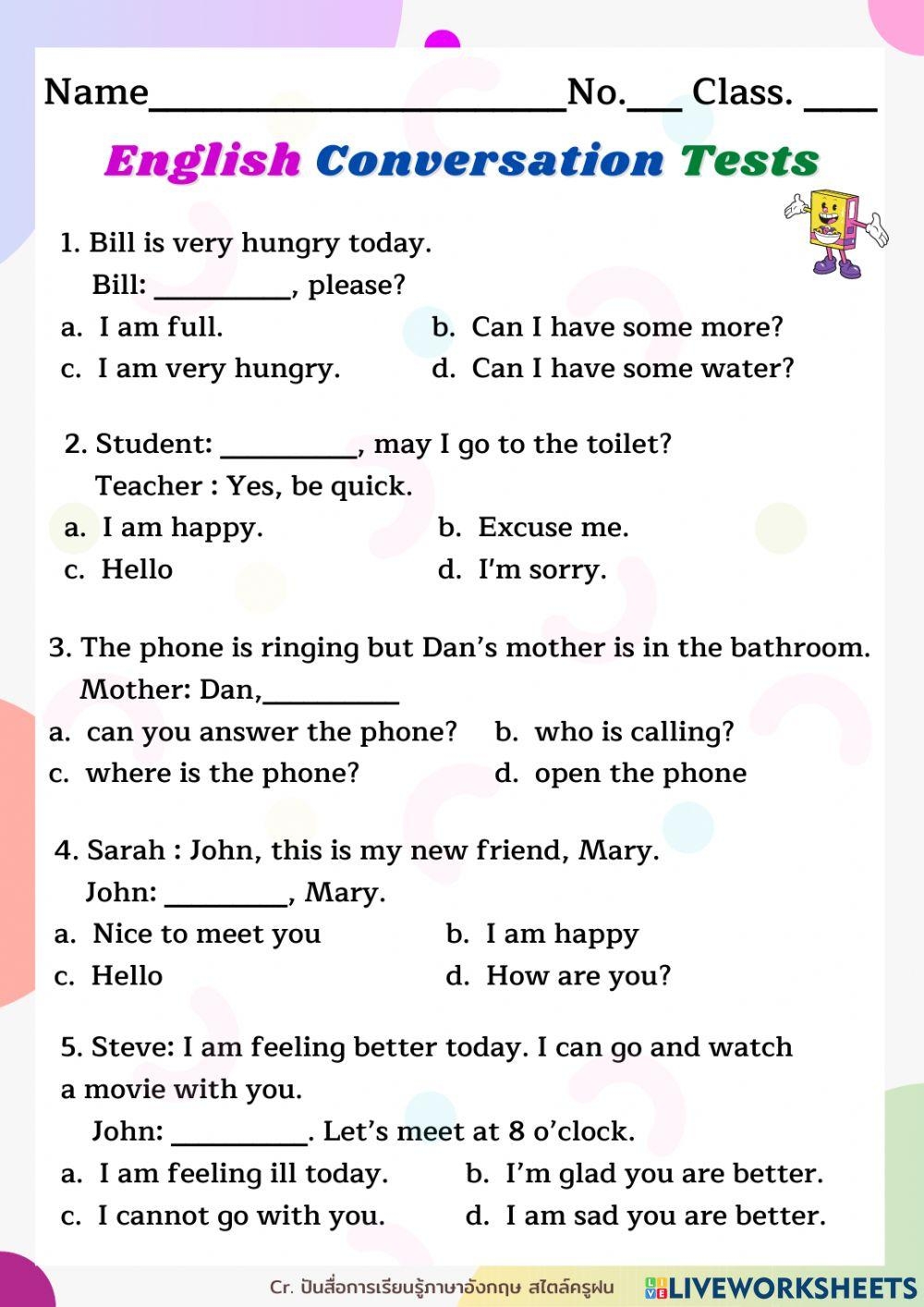 English Conversation Tests1 Worksheet Worksheets Library