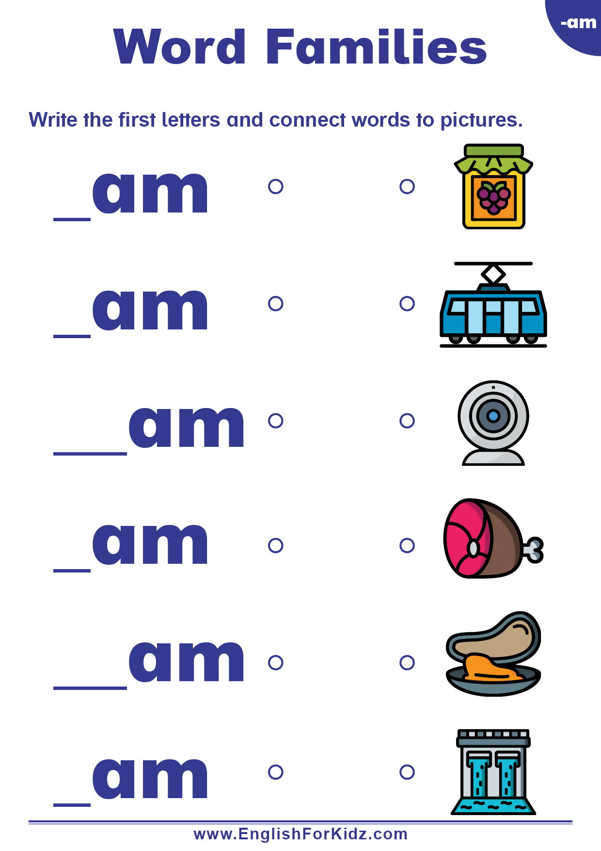 English For Kids Step By Step Word Families Worksheets Am Words Free PDF