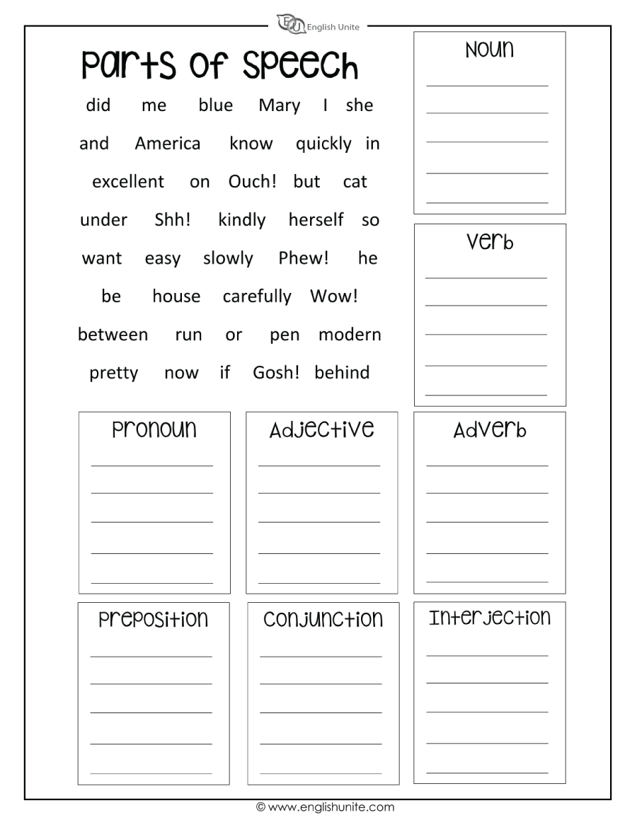 English Unite Parts Of Speech Worksheet English Unite Parts Of Speech Worksheet