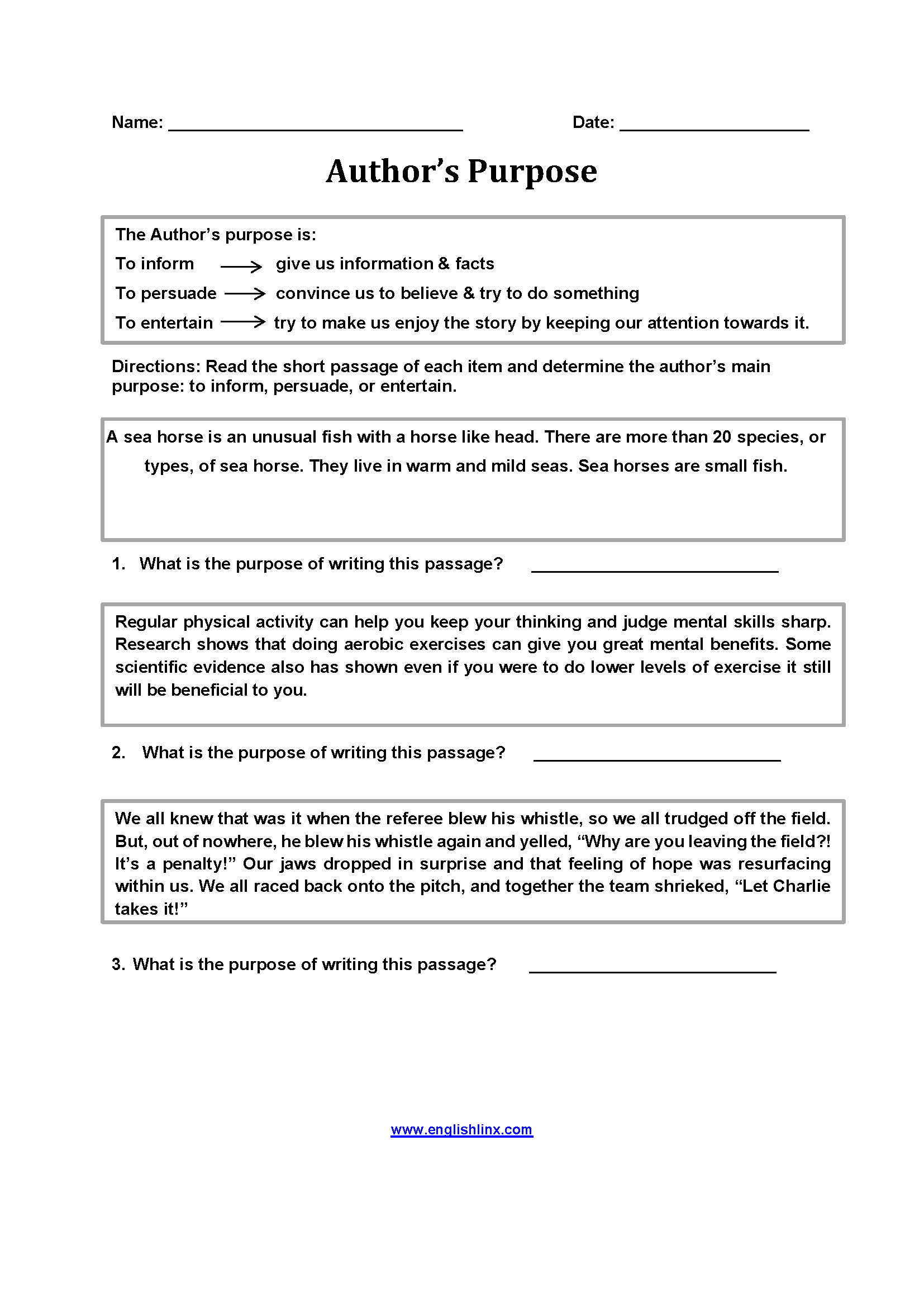Author S Purpose Worksheet 4 Reading Activity