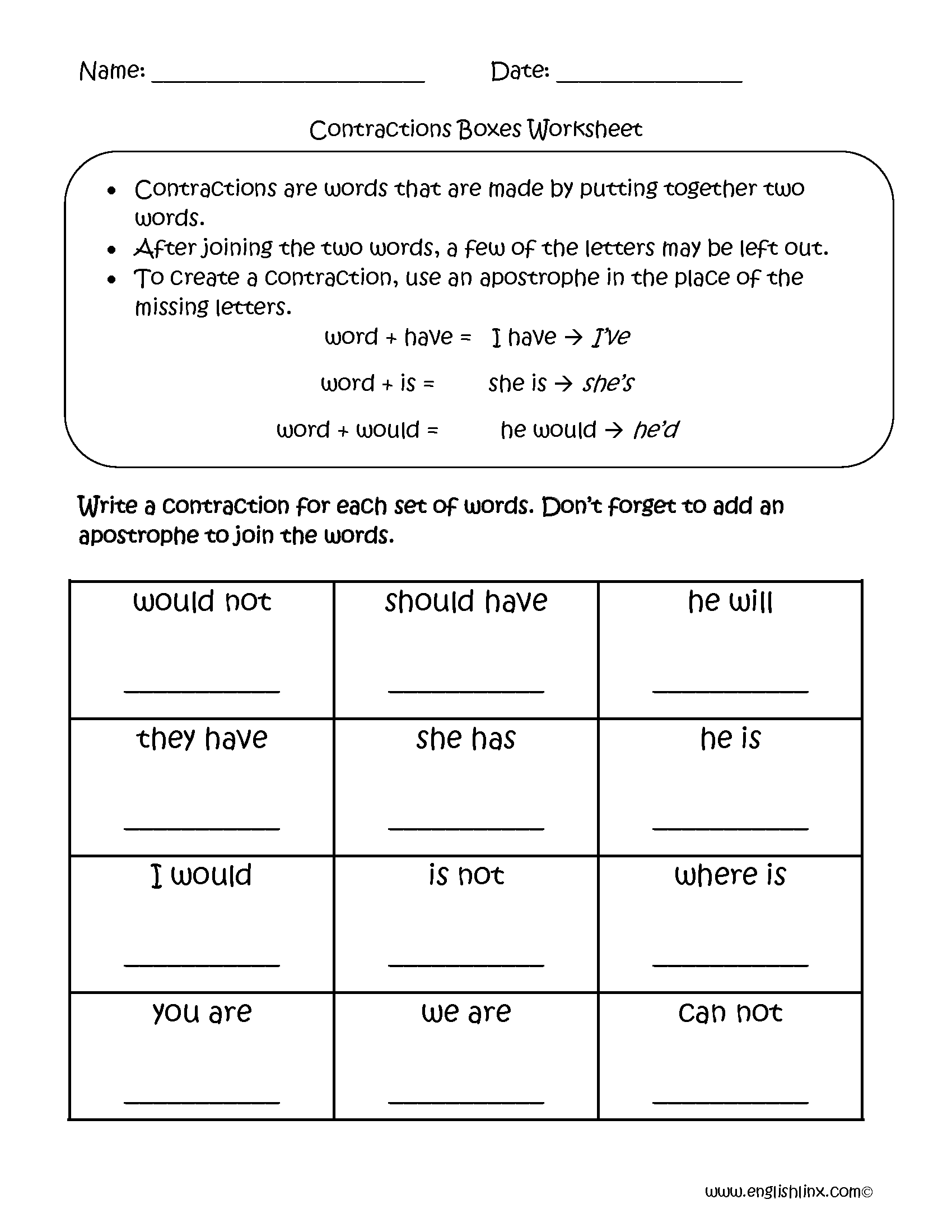 Englishlinx Contractions Worksheets Englishlinx Contractions Worksheets