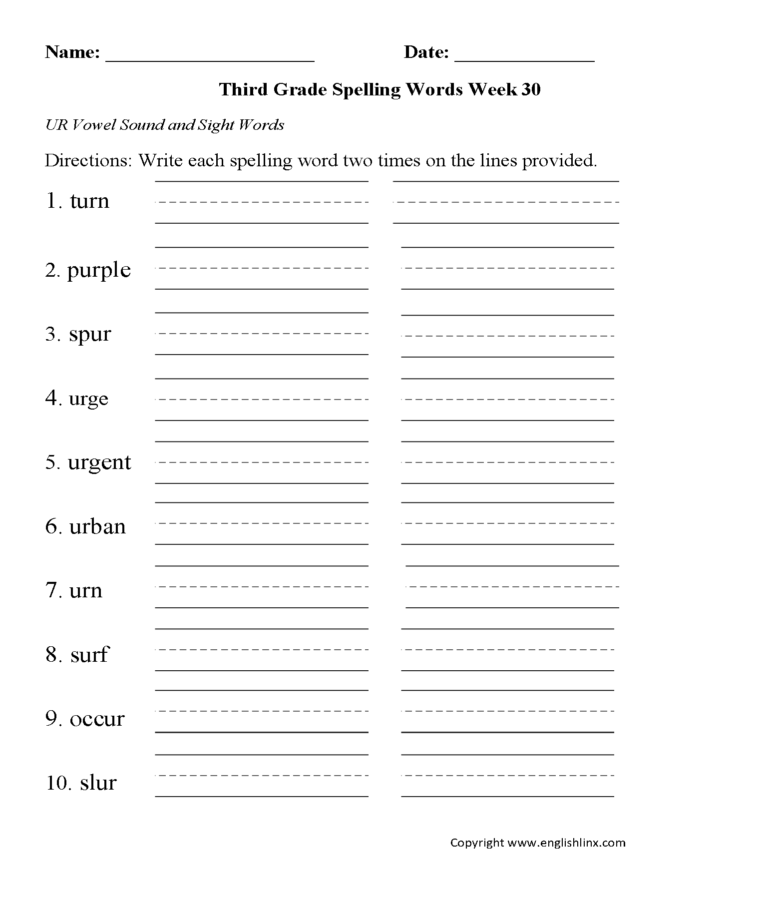 Englishlinx Images Third UR Vowel W 30 Png Grade 3 Spelling Words Worksheets Games4esl