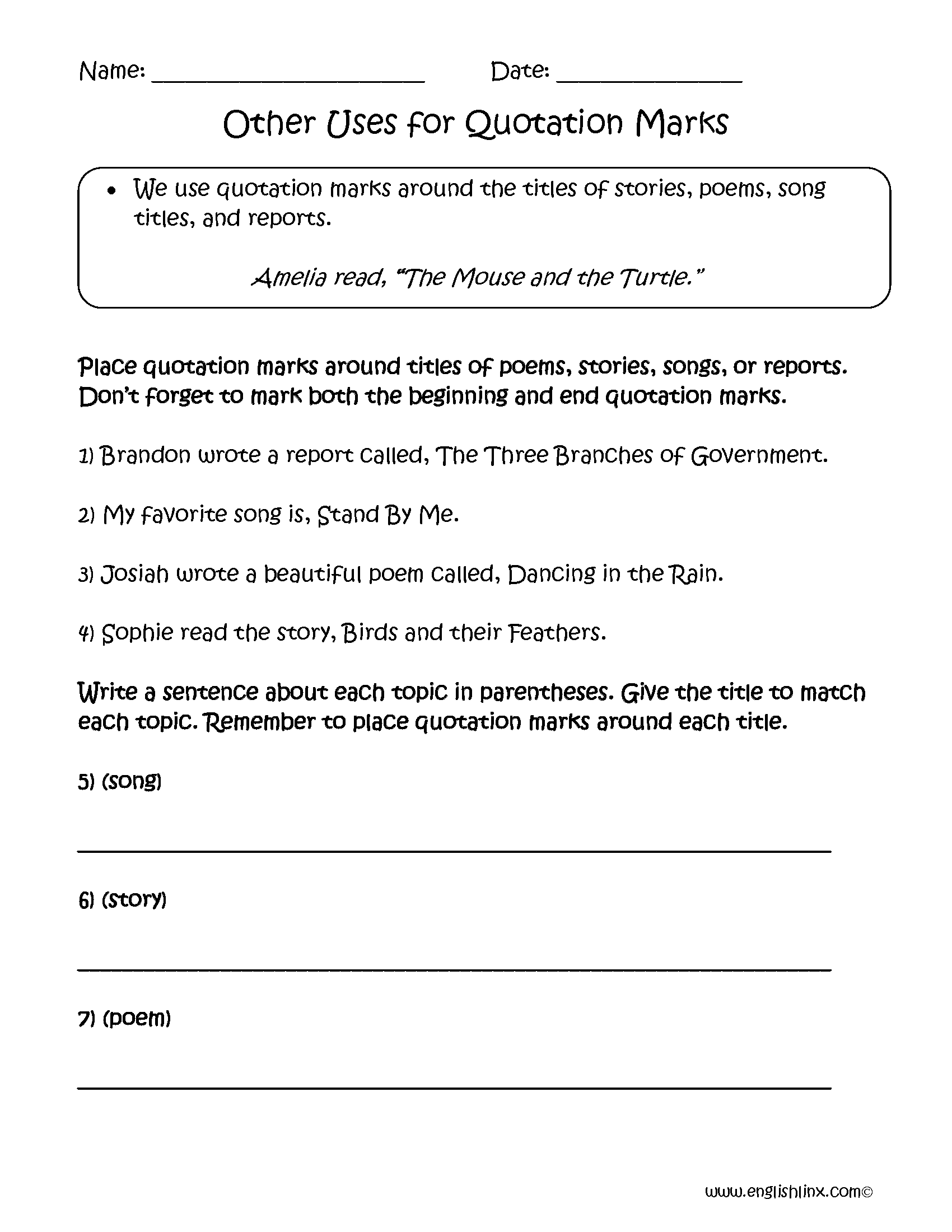 Printable Quotation Marks Grammar Activity Worksheets Teaching Resources