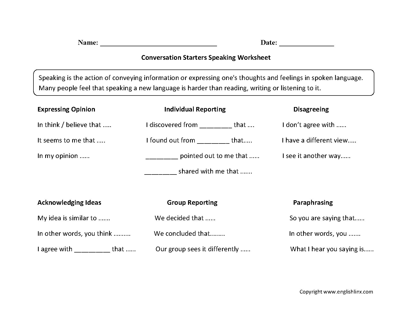 Englishlinx Speaking Worksheets Englishlinx Speaking Worksheets