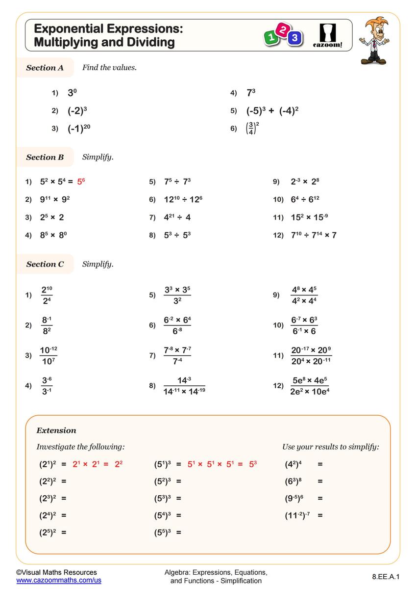 Exponential Expressions Multiplying And Dividing Worksheet Fun And Engaging 8th Grade PDF Worksheets Cazoom Math Exponential Expressions Multiplying And Dividing Worksheet Fun And Engaging 8th Grade PDF Worksheets Cazoom Math