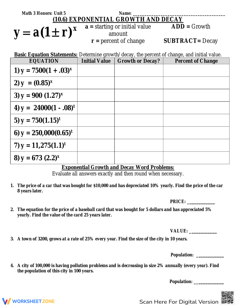 Exponential Growth And Decay Worksheets Exponential Growth And Decay Worksheets