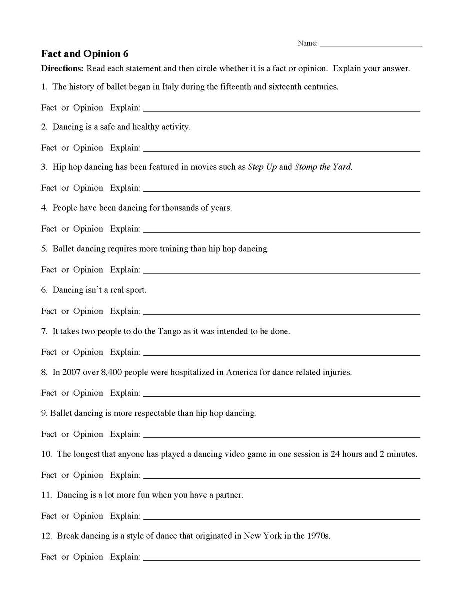Fact And Opinion Worksheet 6 Reading Activity
