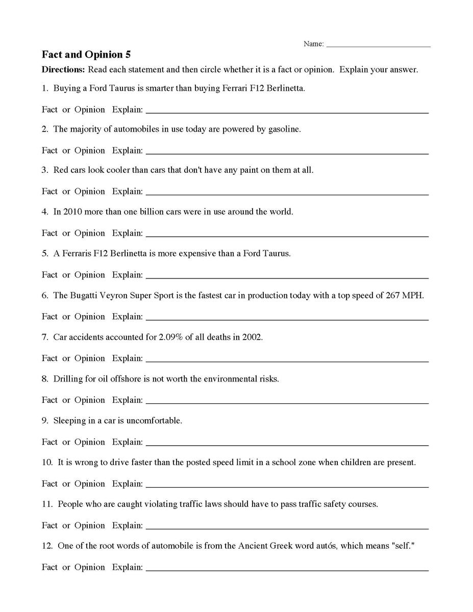 Fact And Opinion Worksheet Grade1to6