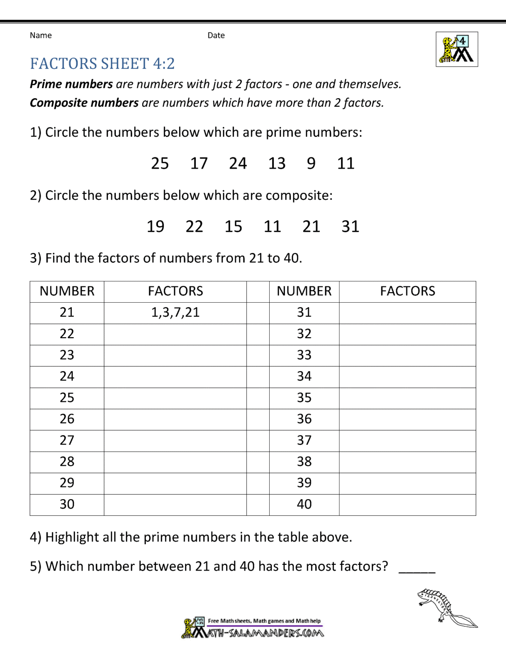 Factors And Multiples Worksheet Factors And Multiples Worksheet