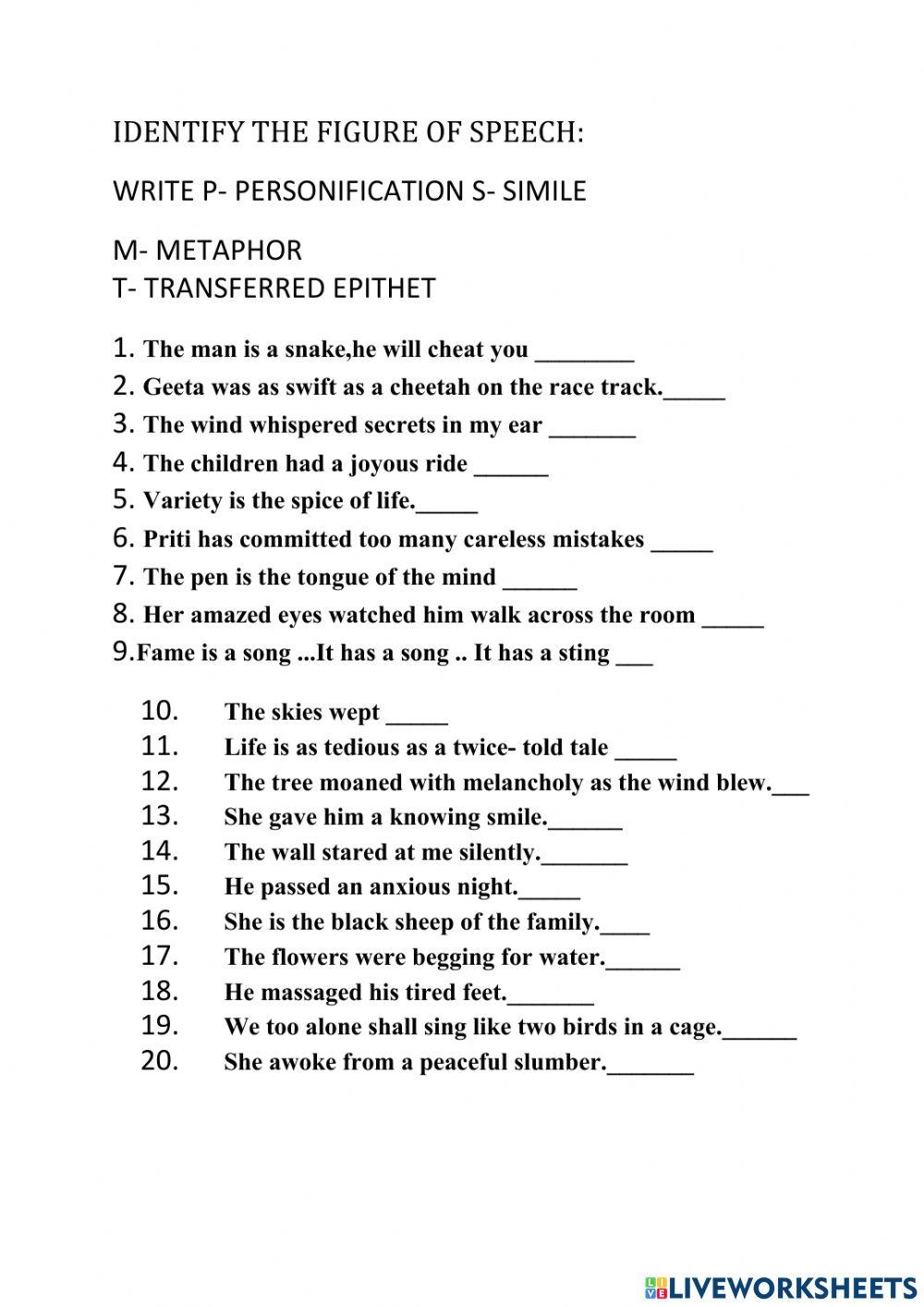FIGURE Of Speech Activity Worksheets Library English Unite Parts Of Speech Worksheet
