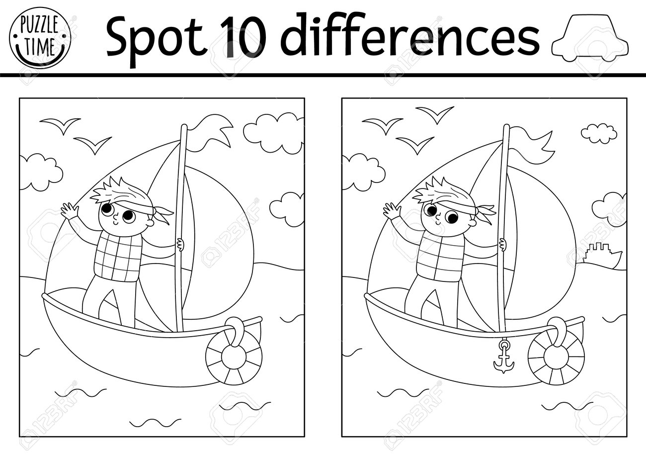 Find Differences Game For Children Transportation Black And White Activity With Sailboat Boy Captain Sailing In The Sea Cute Coloring Page For Kids With Water Transport Printable Worksheet Royalty Free SVG Cliparts Find Differences Game For Children Transportation Black And White Activity With Sailboat Boy Captain Sailing In The Sea Cute Coloring Page For Kids With Water Transport Printable Worksheet Royalty Free SVG Cliparts