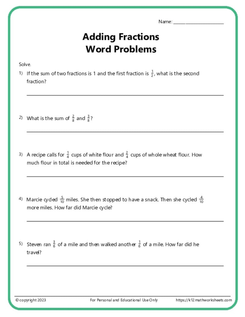 Fraction Word Problems Worksheets K12 Math Worksheets