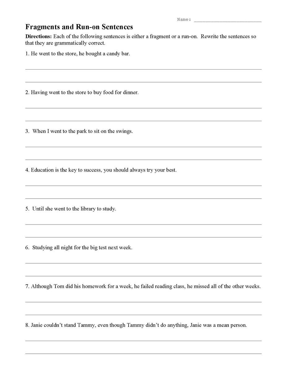 Sentences Worksheets Run On Sentences Worksheets