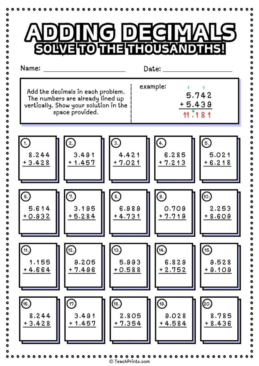 Adding Subtracting Decimals Worksheets