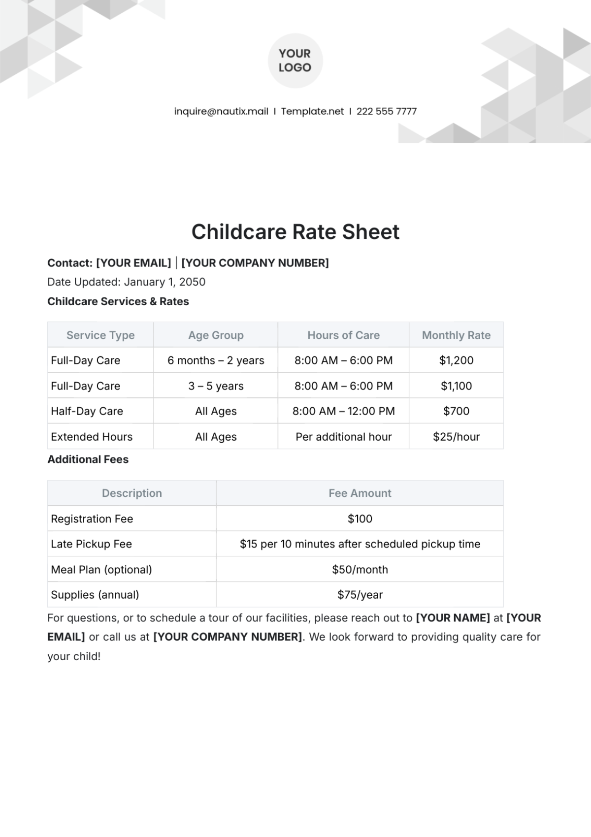 Free Childcare Rate Sheet Template To Edit Online