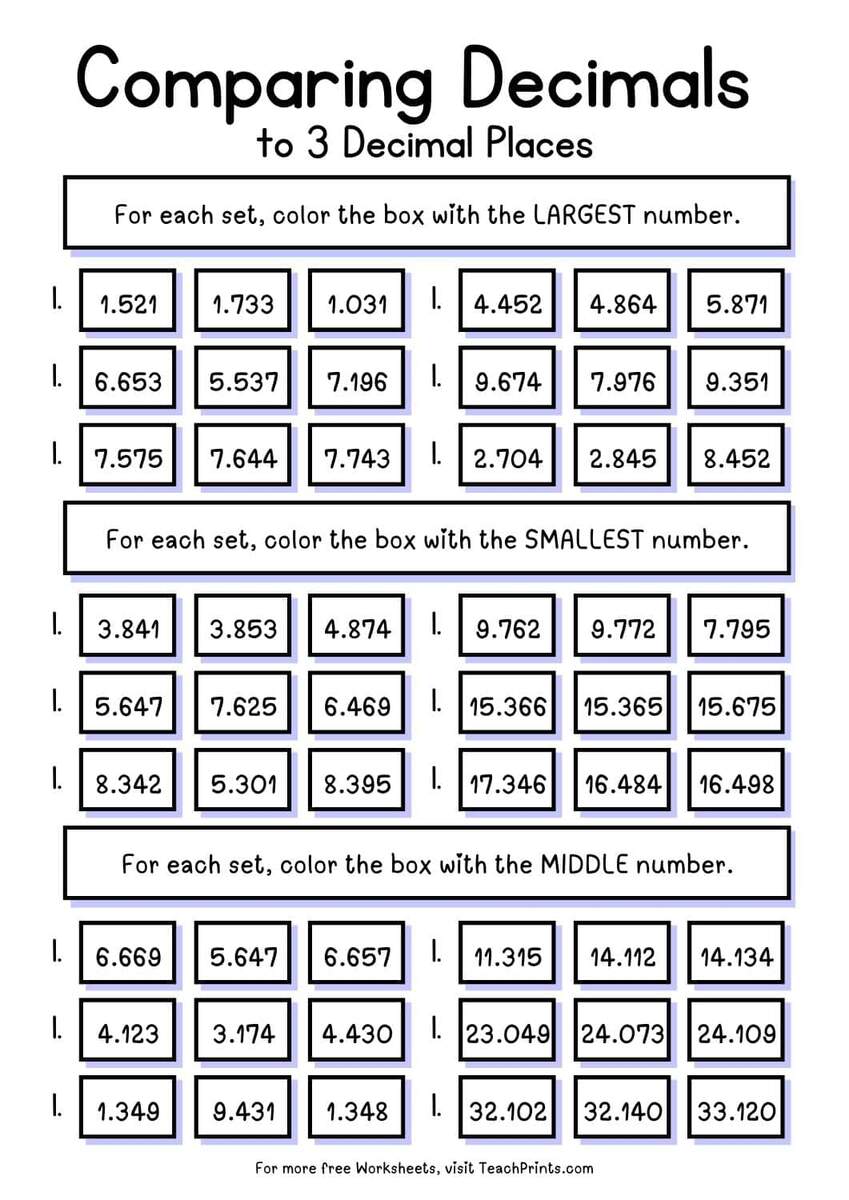 Free Comparing Decimals Worksheets Teach Prints