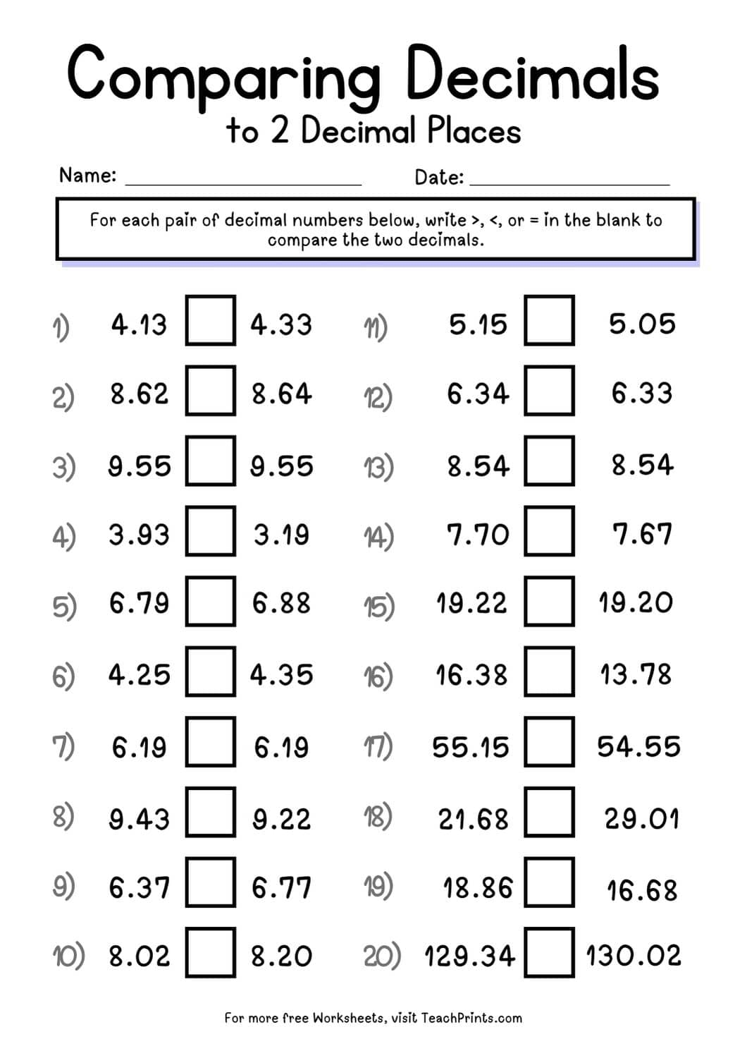 Free Comparing Decimals Worksheets Teach Prints