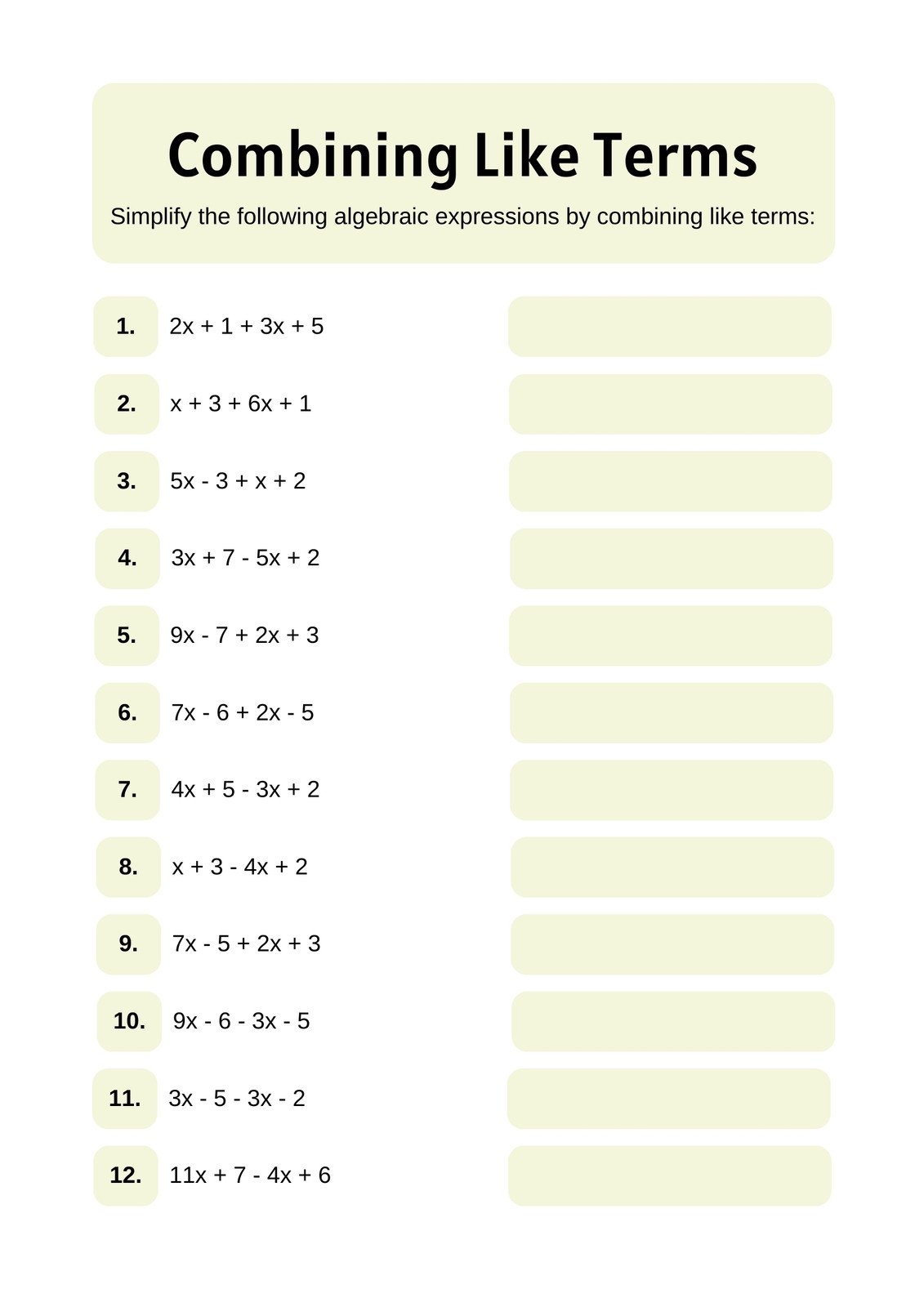 Combining Like Terms Printable Worksheet Practice Algebraic Skills