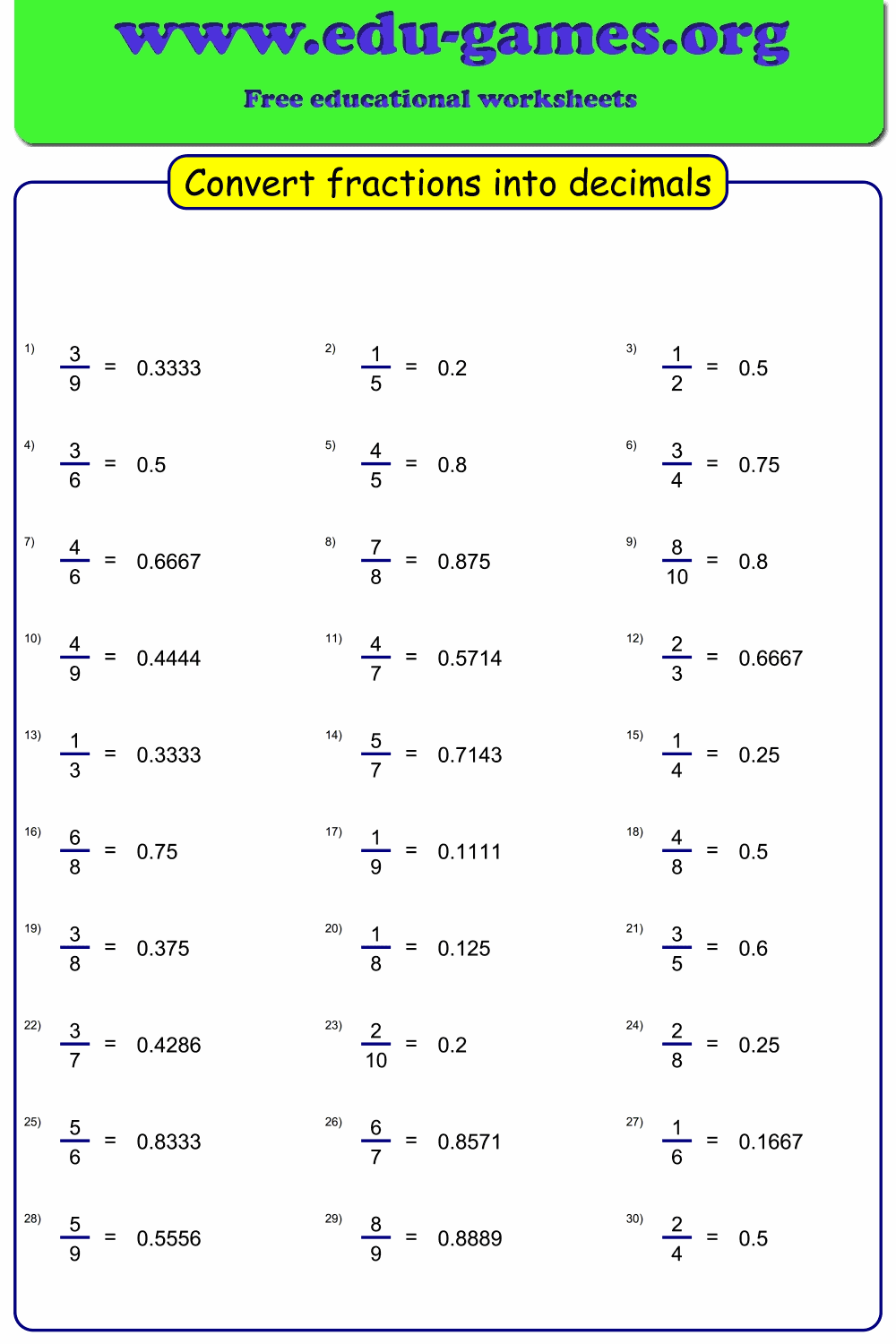 Free Fraction To Decimal Worksheets PDF Easy Generator For Students Converting Decimals To Fractions Worksheet