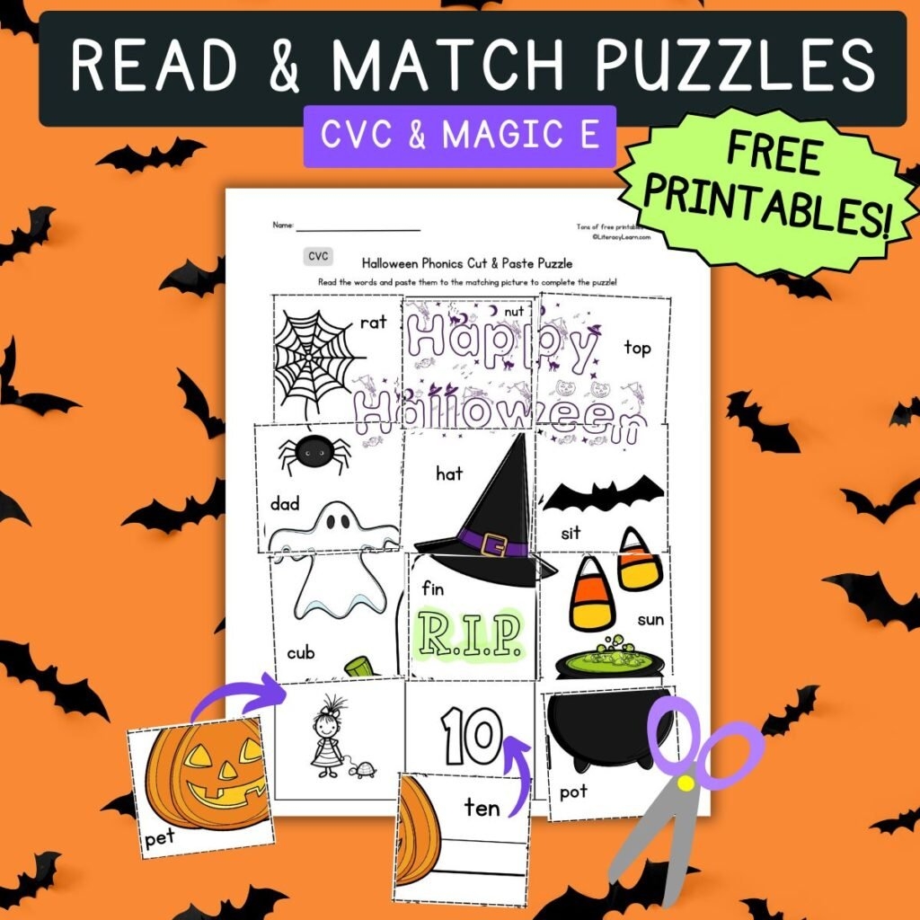 FREE Halloween Read Match Puzzles CVC Magic E Literacy Learn