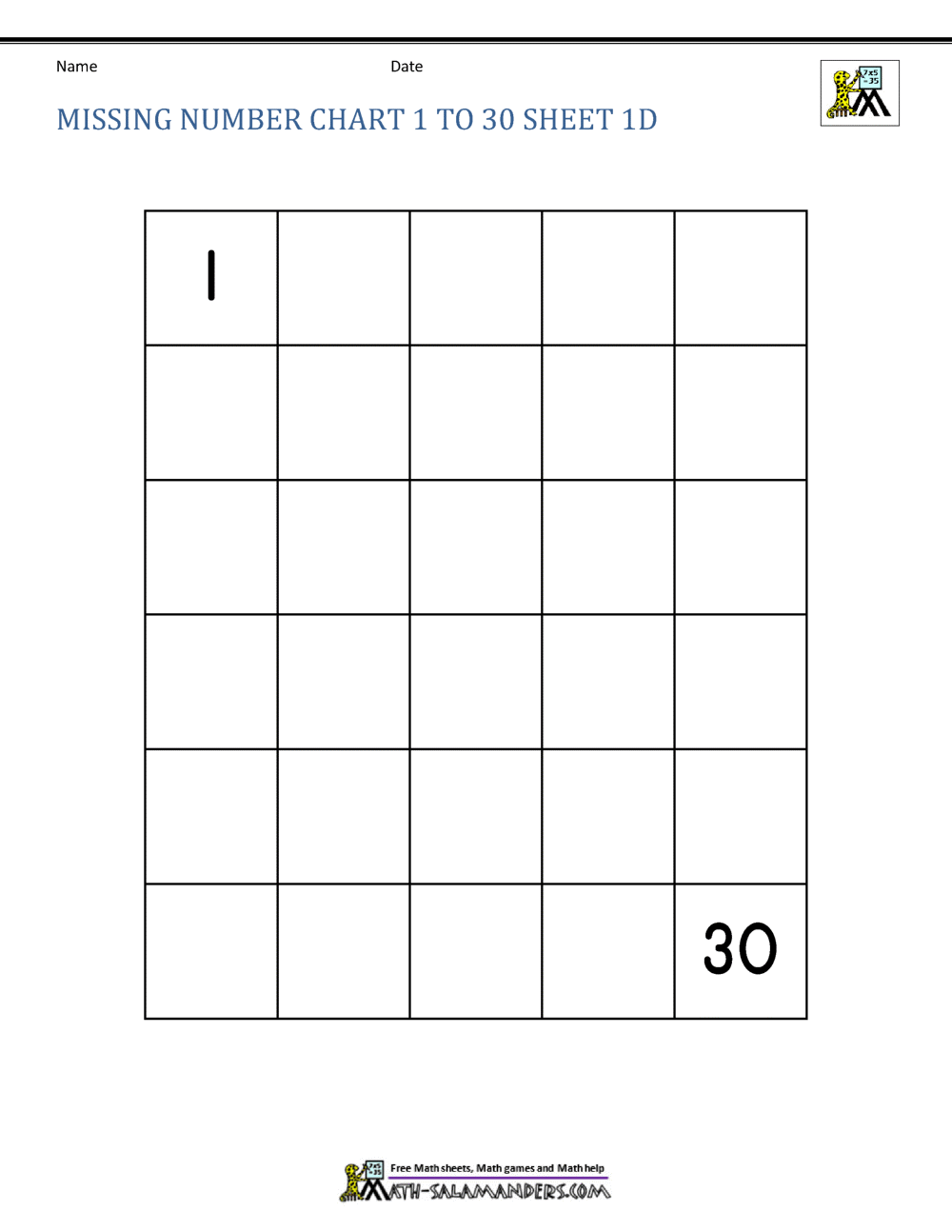 Free Number Chart 1 30