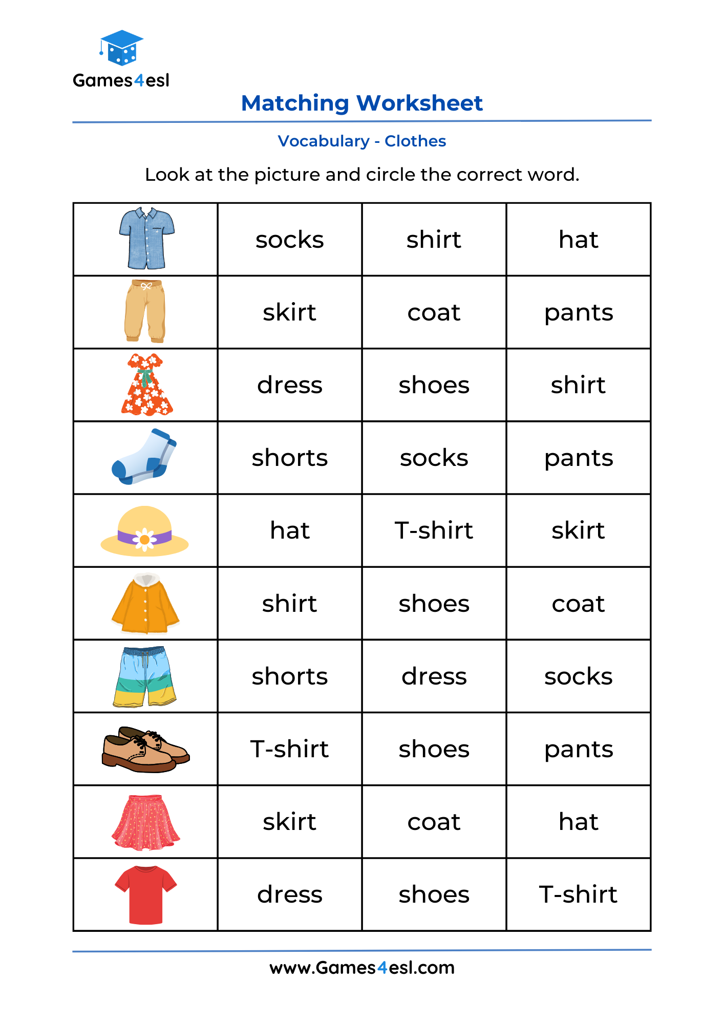 Free Printable Clothes Worksheets For Kids Games4esl