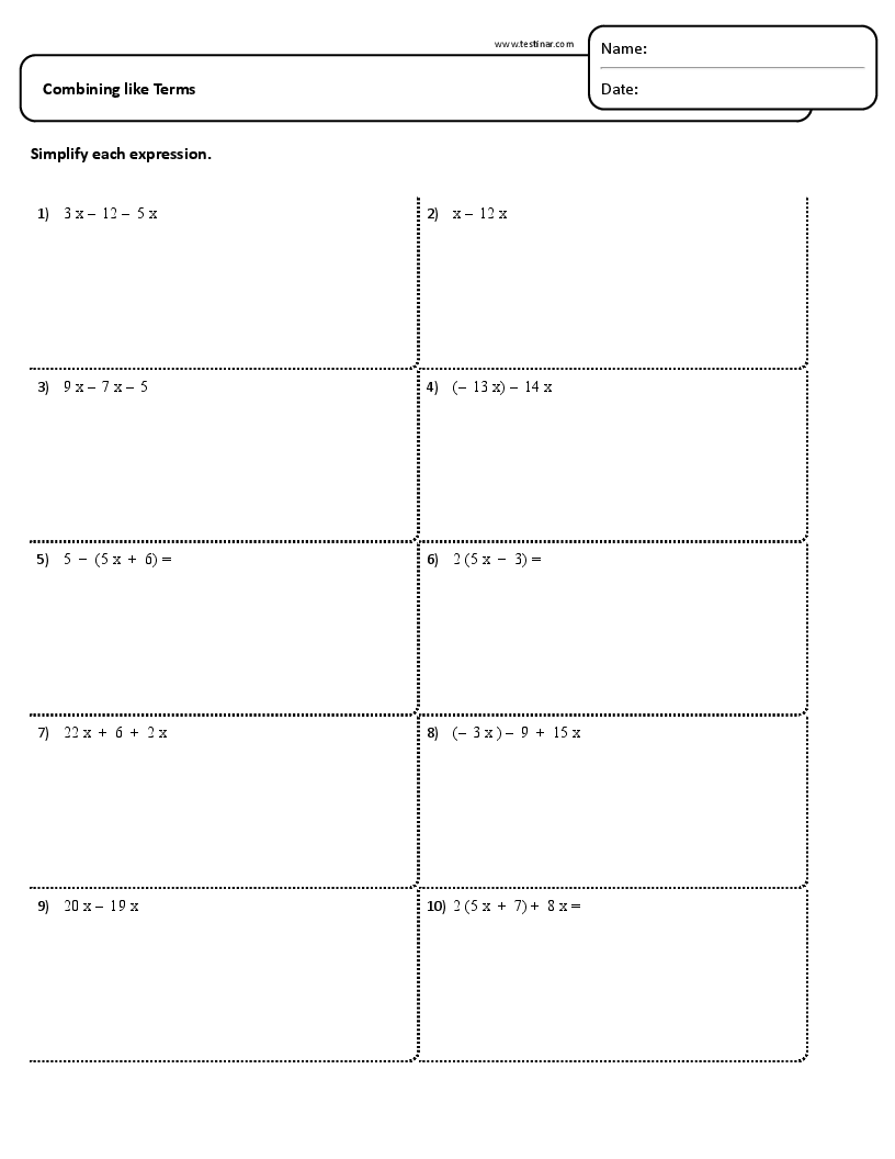 FREE Printable Combining Like Terms Worksheets FREE Printable Combining Like Terms Worksheets