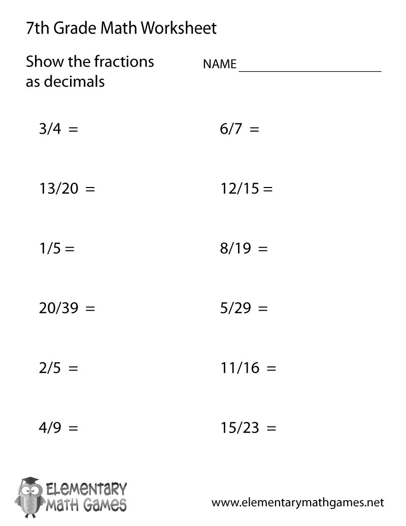 Free Printable Fractions And Decimals Worksheet For Seventh Grade Variable Equations Worksheets