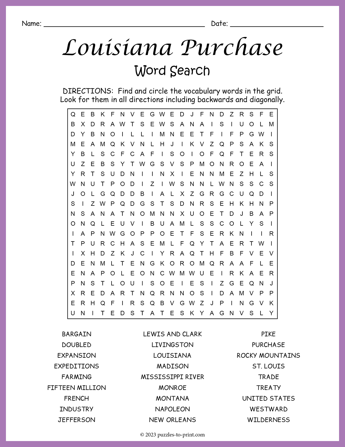 Louisiana Purchase Word Search Monster Word Search