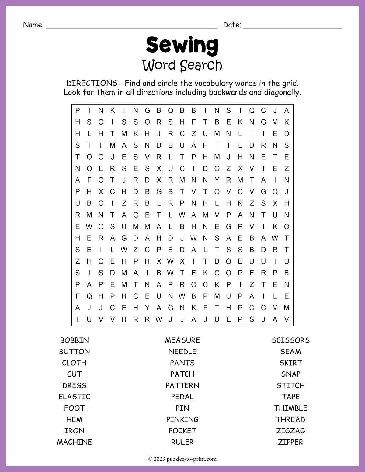 Free Printable Sewing Word Search