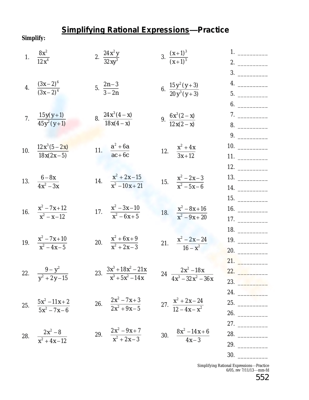 Free Printable Simplifying Rational Expressions Worksheets Worksheets Library