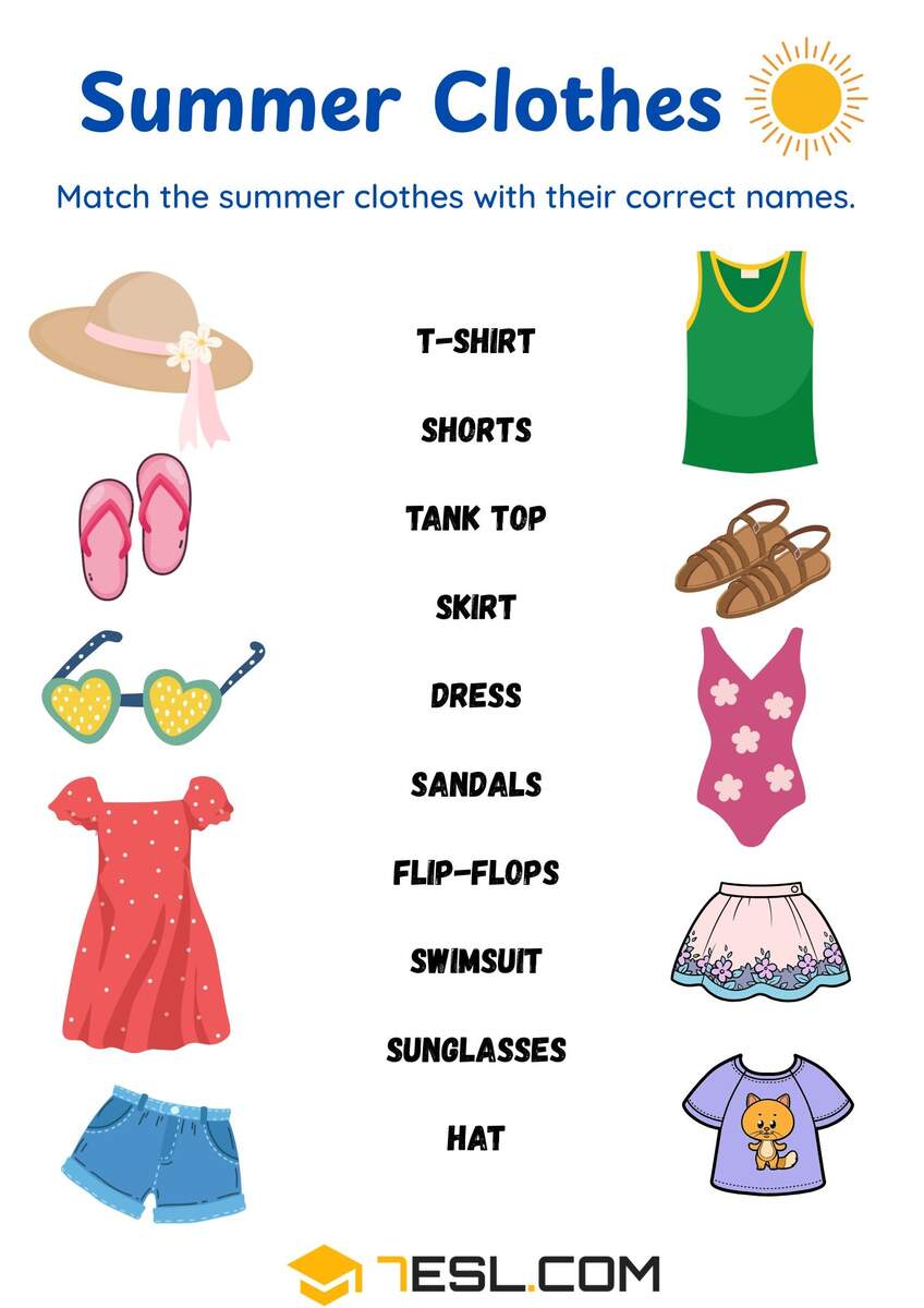 Free Printable Summer Clothes Worksheets PDF For Kids 7ESL Free Printable Summer Clothes Worksheets PDF For Kids 7ESL
