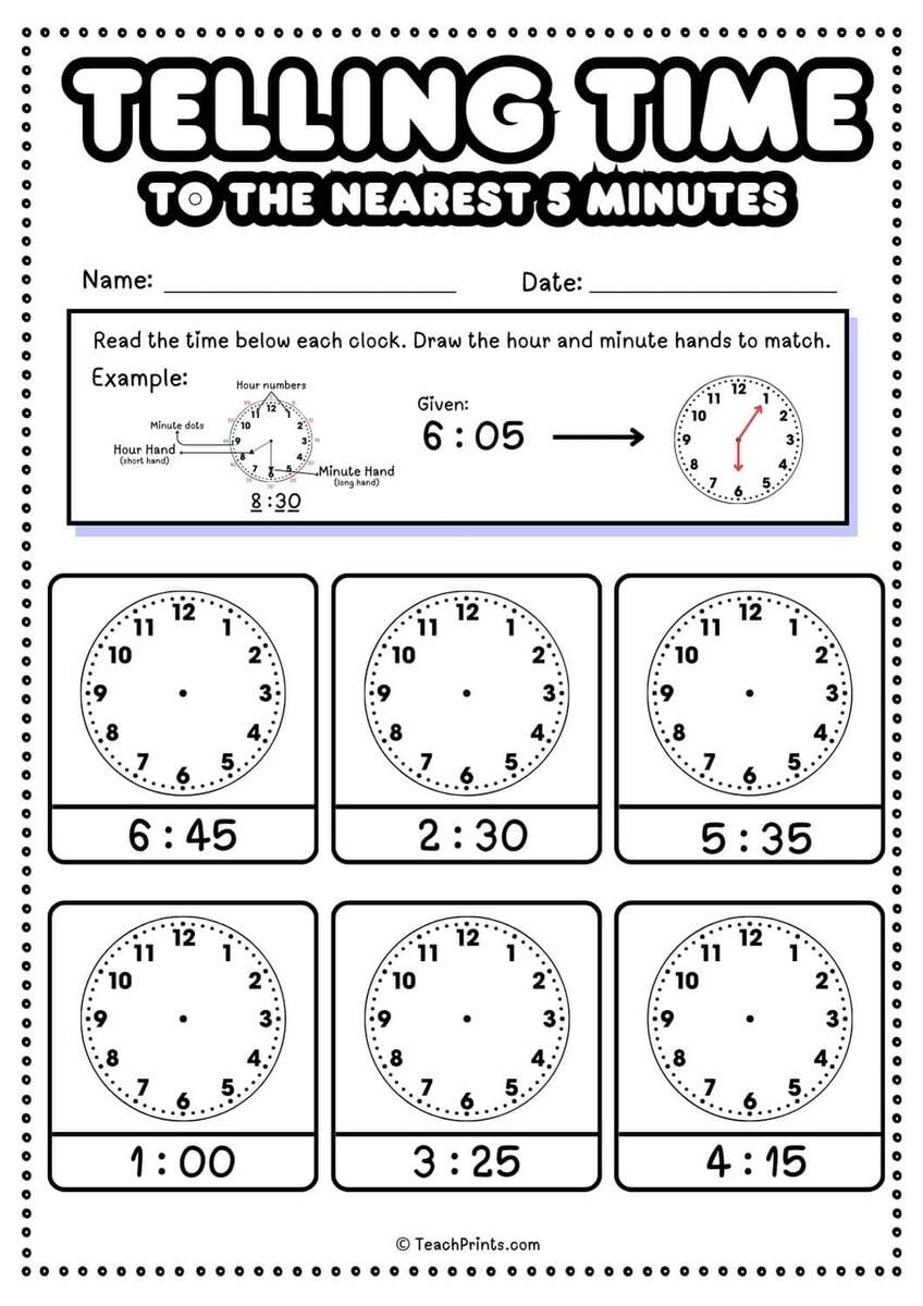 Free Telling Time To Five Minutes Worksheets Teach Prints