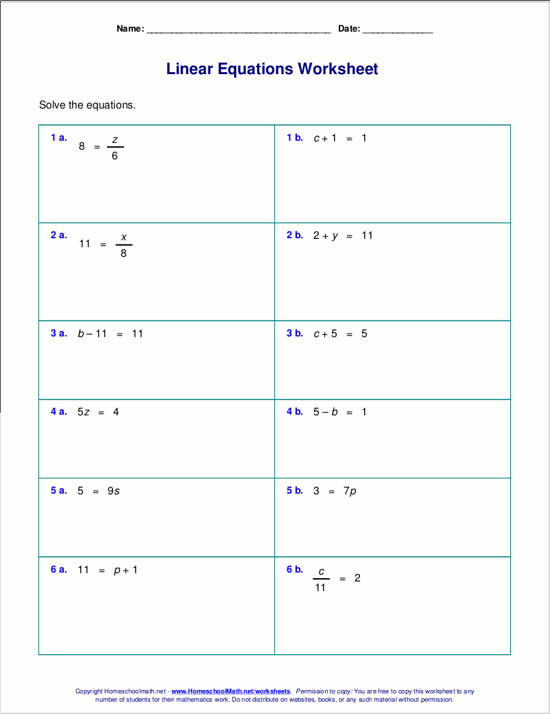 Free Worksheets For Linear Equations Grades 6 9 Pre Algebra Algebra 1 Elementary Algebra Variable Expressions Worksheet
