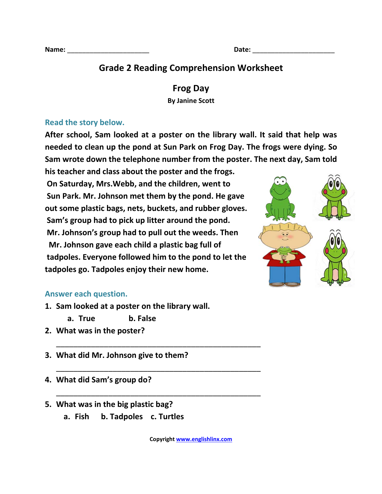Frog Day Grade 2 Reading Comprehension Worksheet