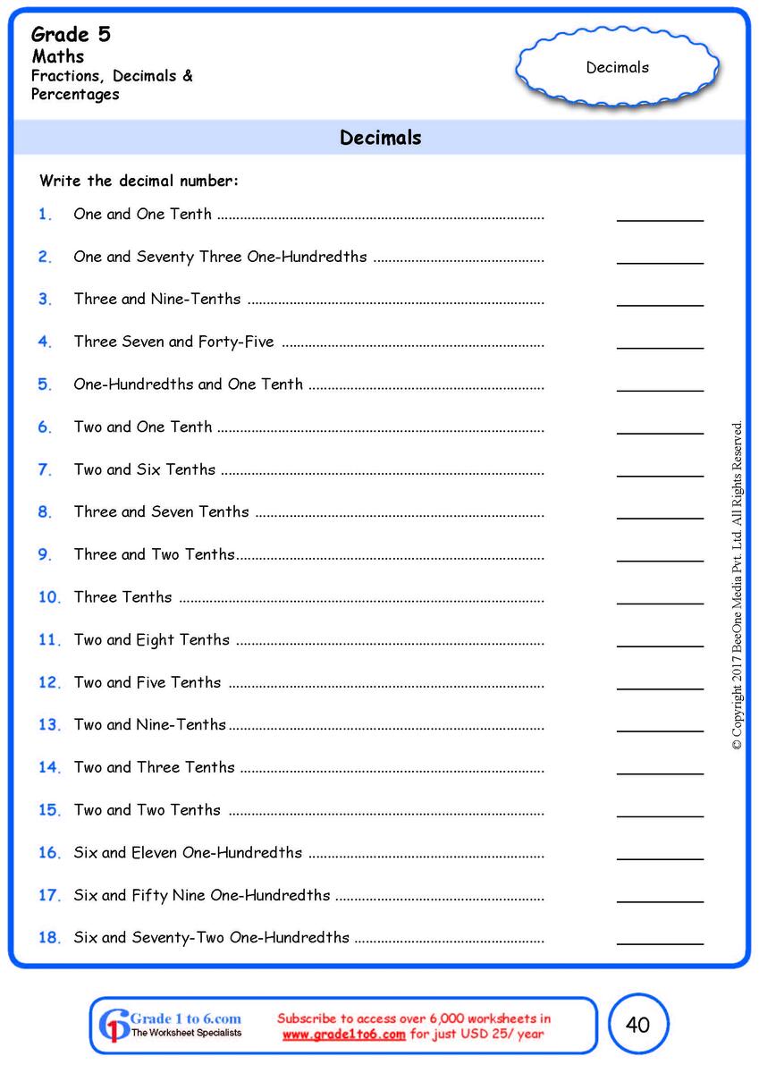 Grade 5 Fraction To Decimal Conversion Worksheets Www Grade1to6