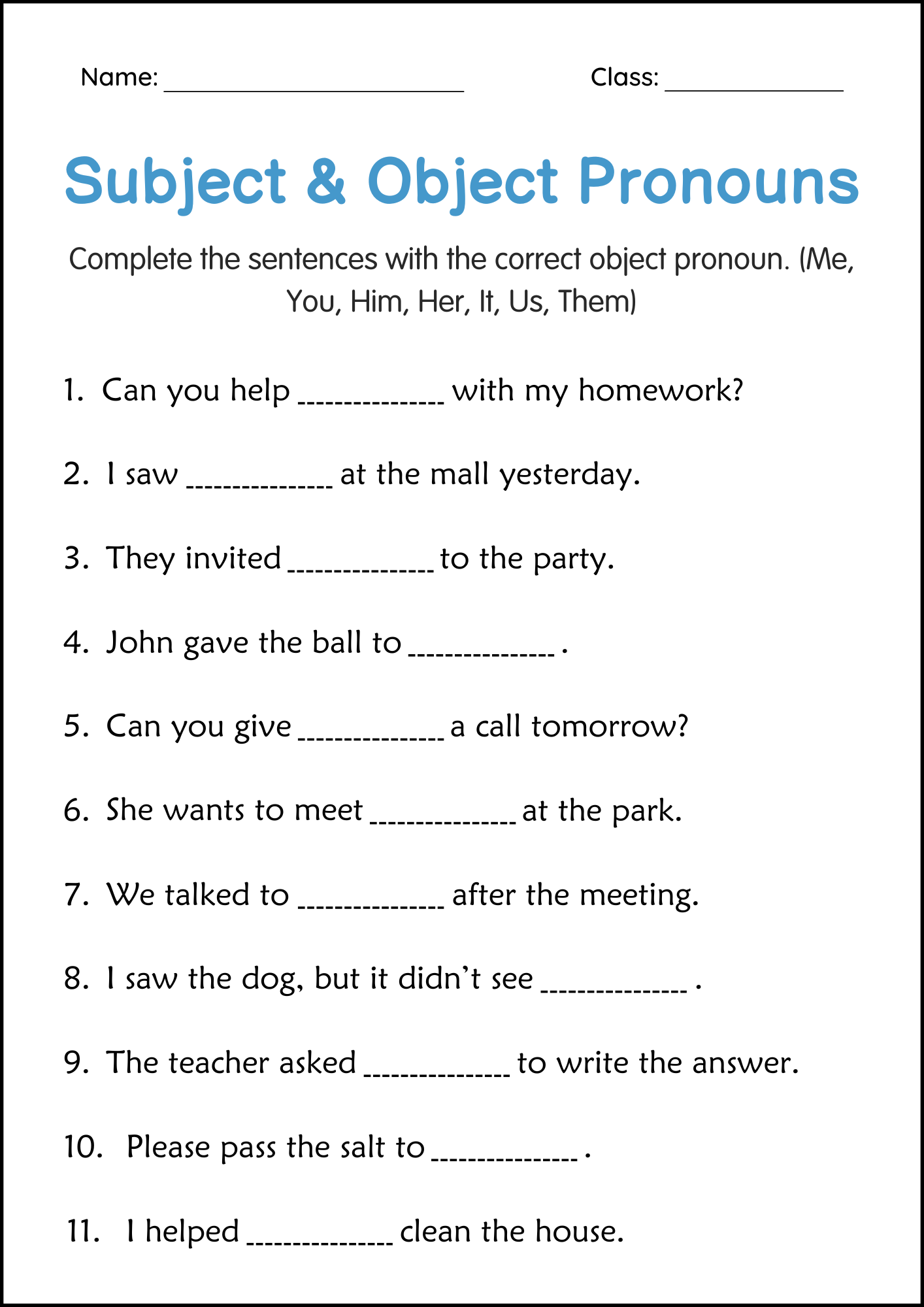 Grammar Subject And Object Pronouns Activity Worksheets For Grade 1 2 3 Made By Teachers