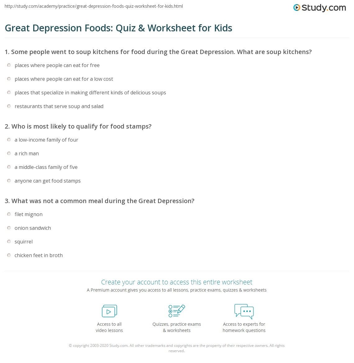 Great Depression Foods Quiz Worksheet For Kids Study The Great Depression Student Activities GCSE America Opportunity And Inequality Teachit