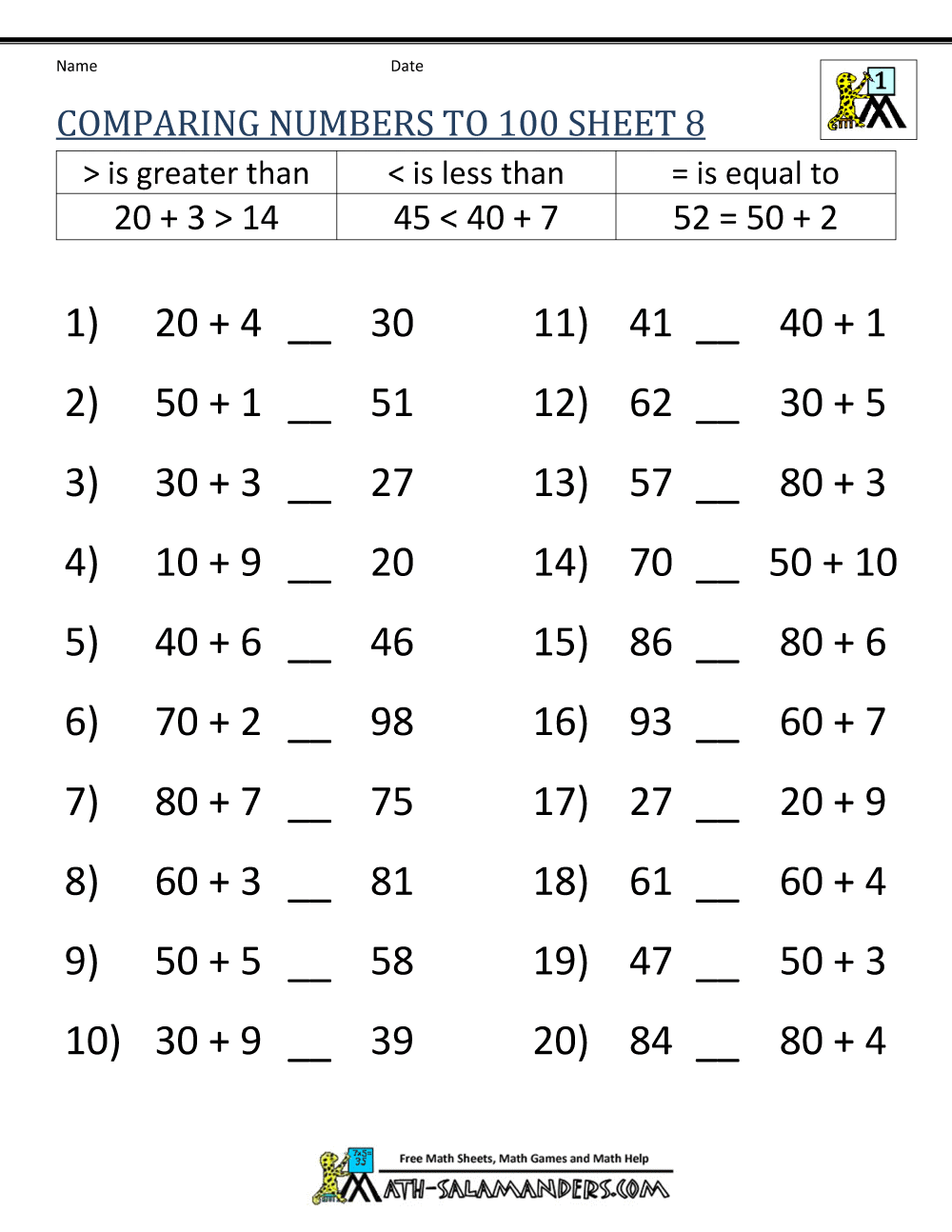 Greater Than Less Than Worksheet Comparing Numbers To 100 Printable Kindergarten Math Worksheets PDF Free Download