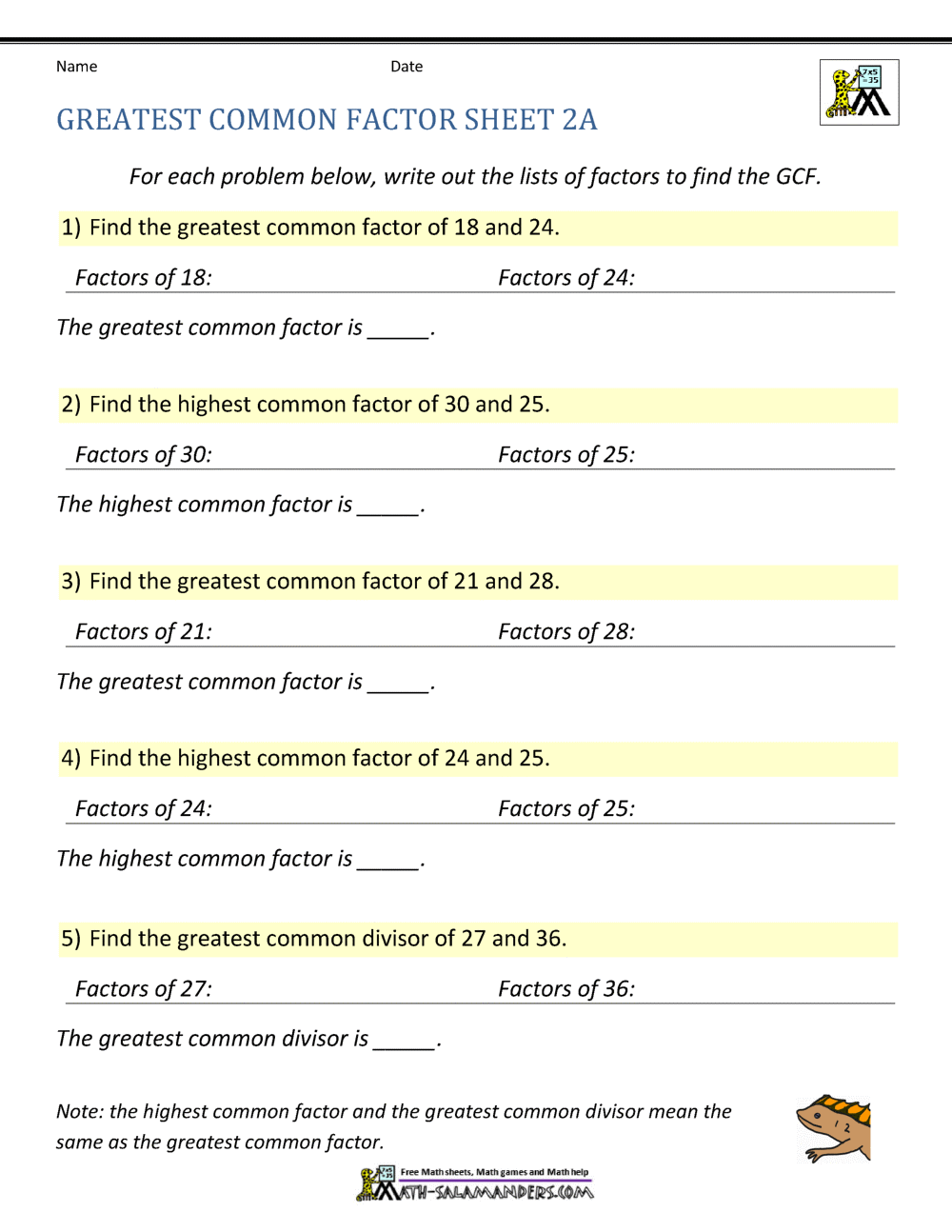 Greatest Common Factor Worksheet Page Greatest Common Factor GCF Worksheet PDF Printable Operations Algebraic Thinking Worksheet Cazoom Math