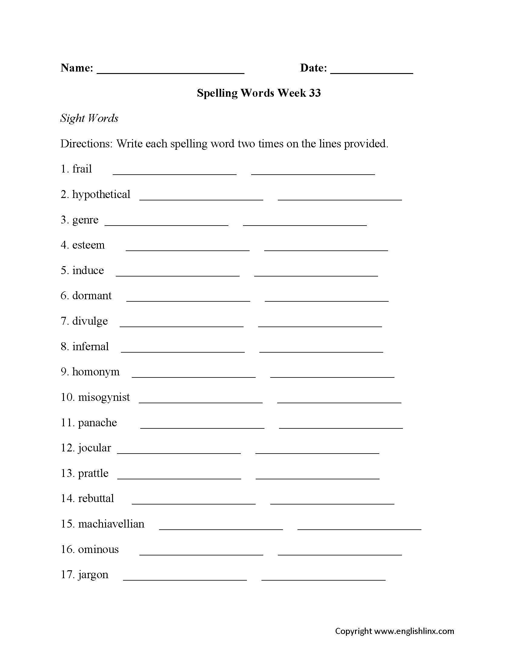 High School Spelling Worksheets Advanced Spelling Word Practice