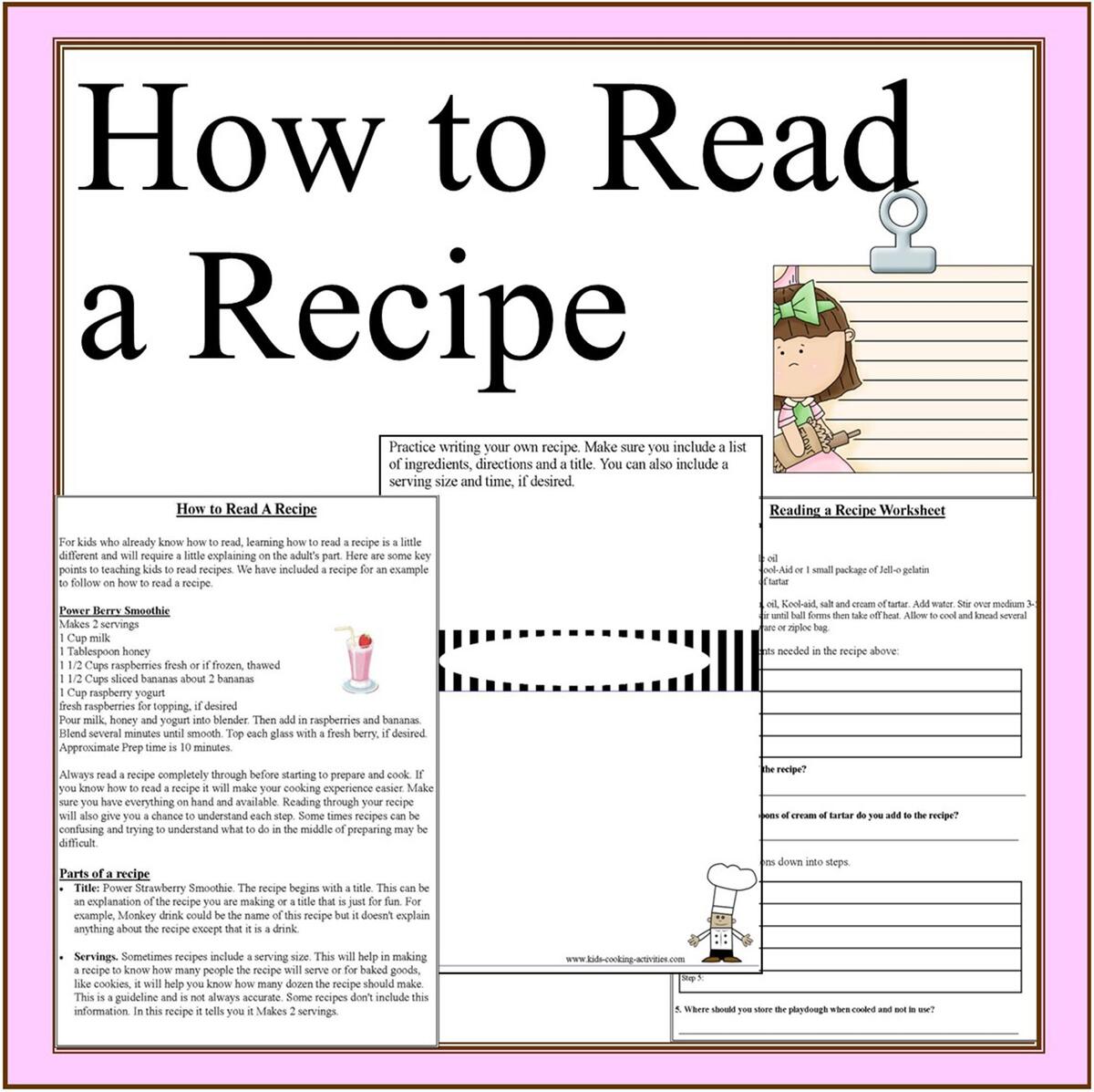 How To Read A Recipe Activity Cooking With Kids Printable Reading A Recipe Worksheets Etsy Recipe Comprehension Worksheet Worksheets Library