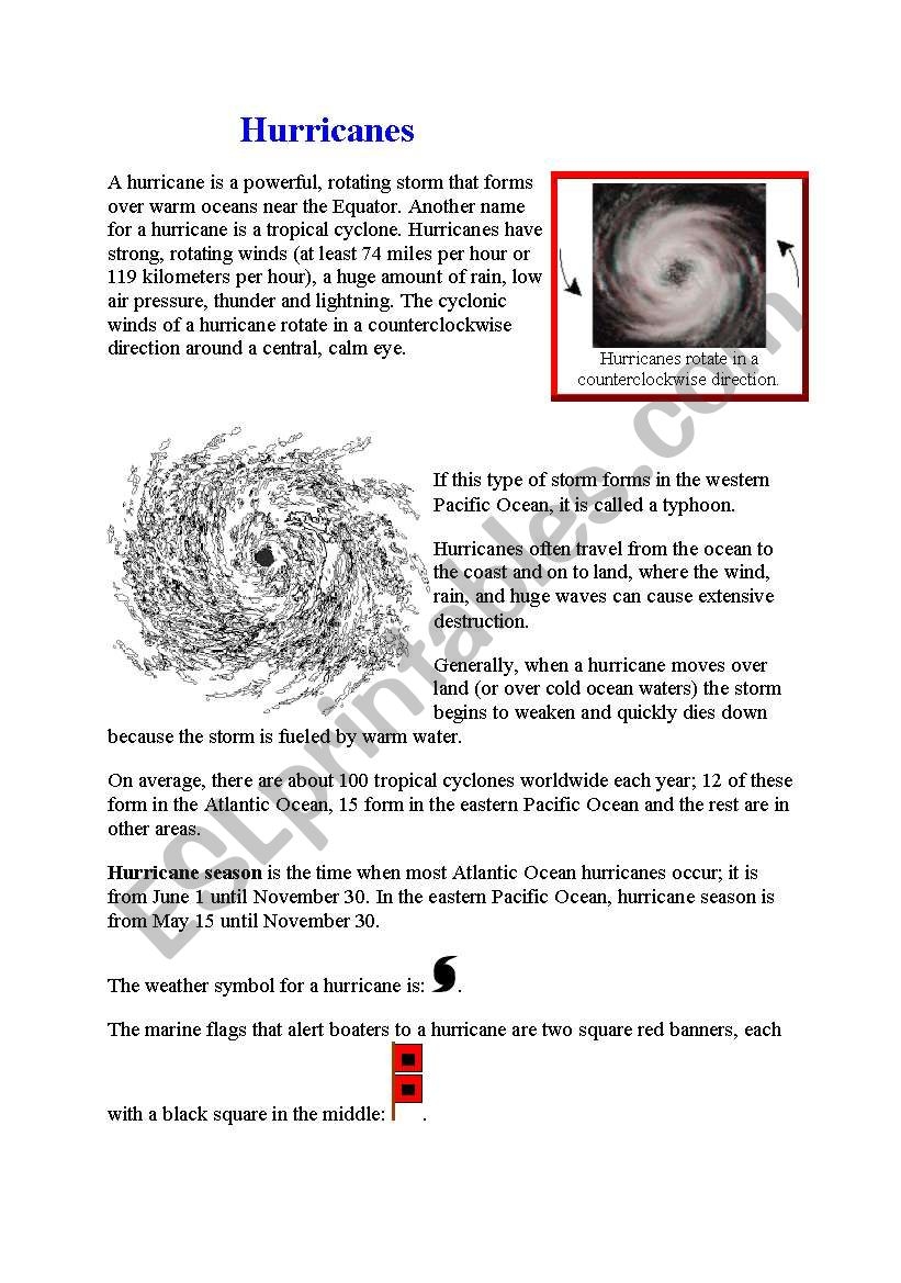 Hurricanes Reading Comprehension Activity Classful