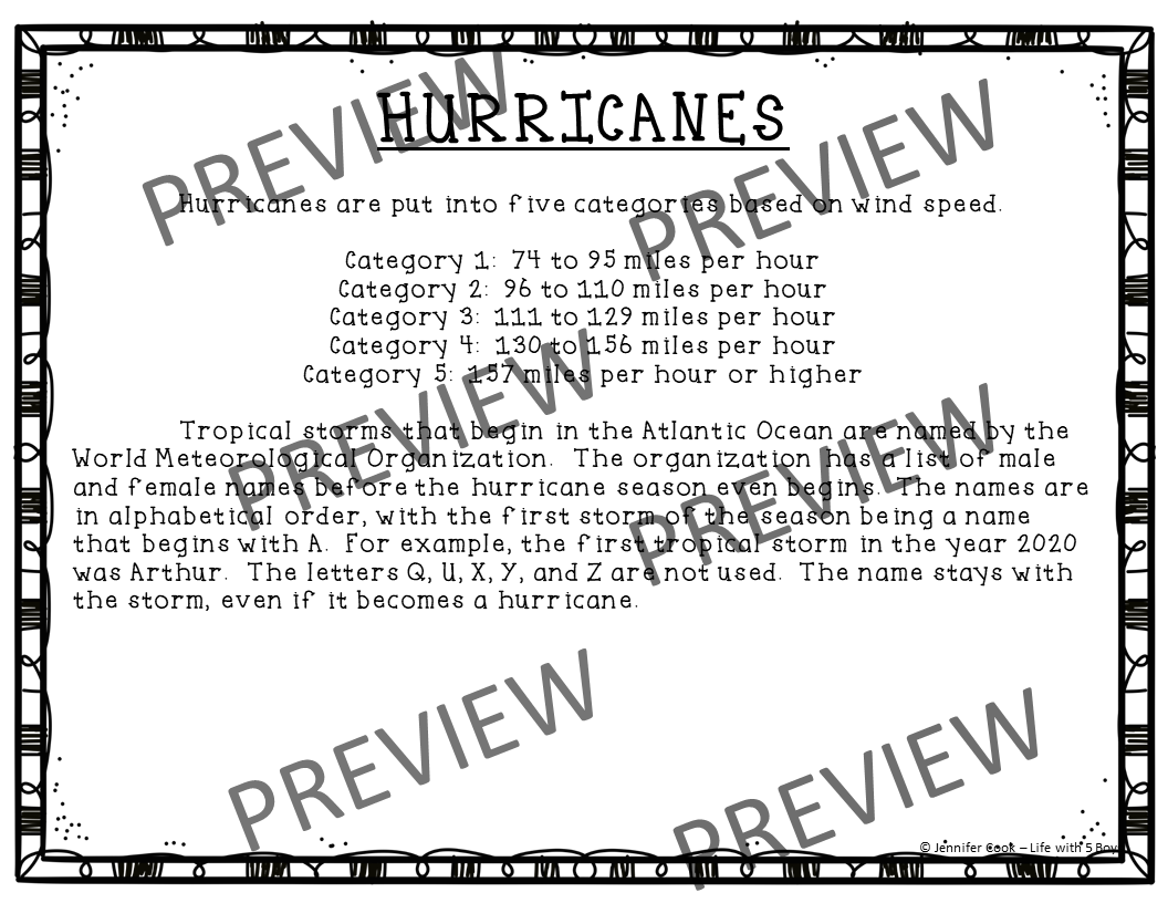Hurricanes Reading Comprehension Activity Classful