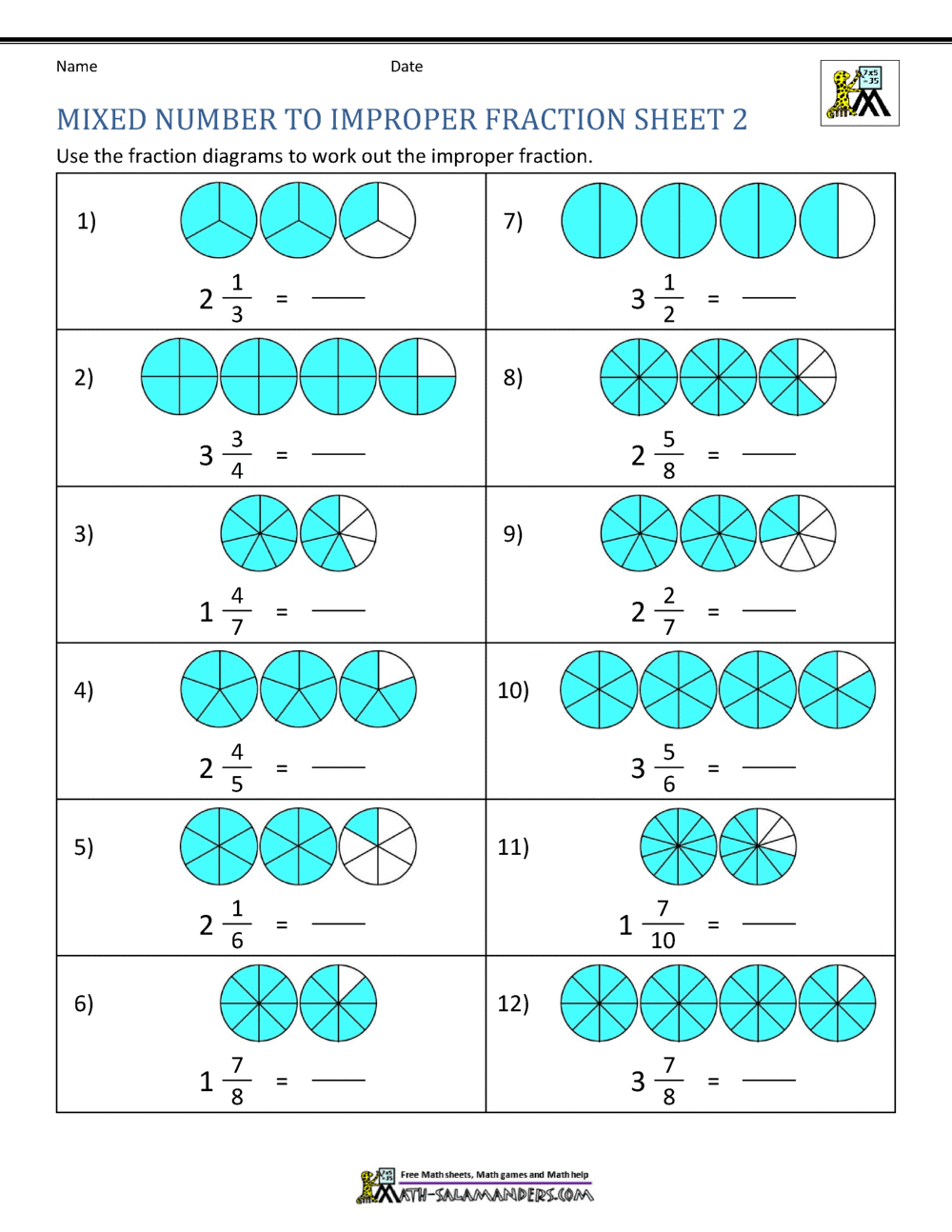Improper Fraction Worksheets Mixed Numbers And Improper Fractions A Worksheet Printable Maths Worksheets